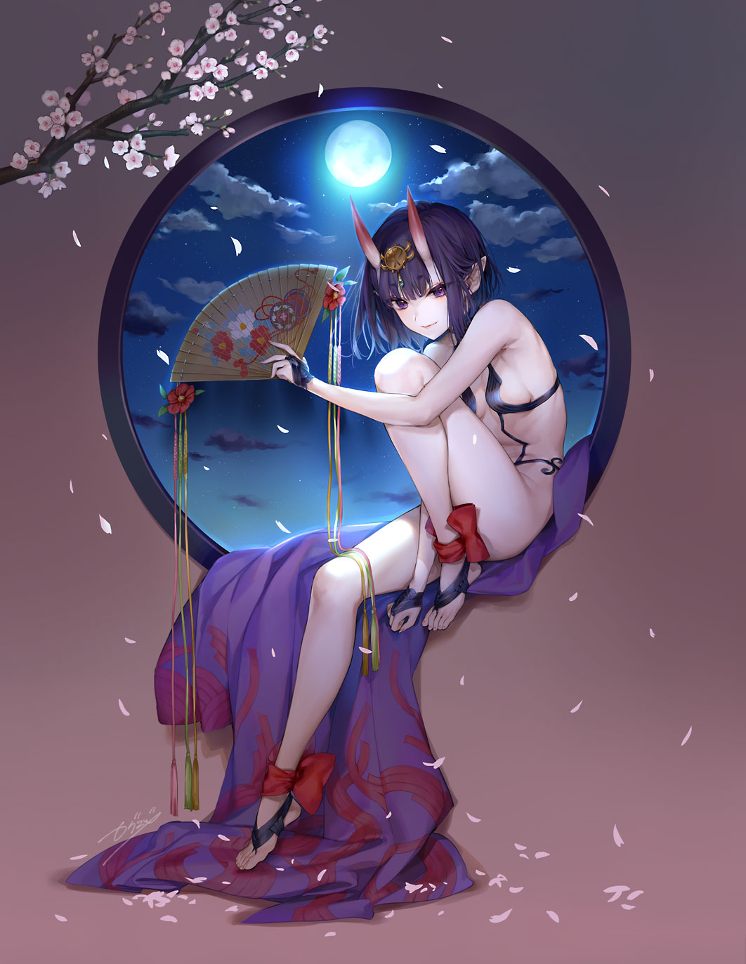 1girl bangs bare_arms bare_shoulders blush bob_cut breasts cherry_blossoms closed_mouth collarbone commentary_request eyebrows_visible_through_hair eyeliner fan fate/grand_order fate_(series) full_moon hair_ornament headpiece highres holding horns japanese_clothes kaguyuzu kimono kimono_removed knee_up legs lips looking_at_viewer makeup moon night night_sky oni oni_horns petals pointy_ears purple_hair purple_kimono revealing_clothes short_hair shuten_douji_(fate/grand_order) simple_background sitting skin-covered_horns sky small_breasts smile solo toes tree_branch violet_eyes