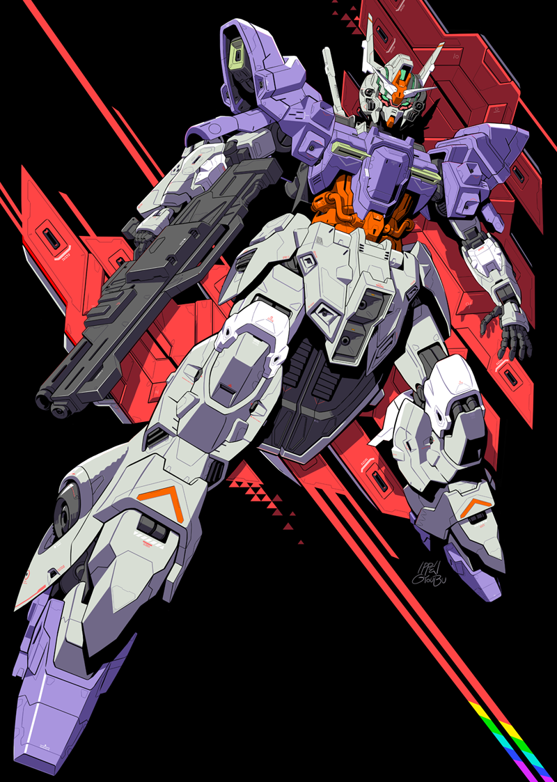 beam_rifle beam_saber black_background blue_armor energy_gun gun gundam gyoubu_ippei holding holding_gun holding_weapon looking_at_viewer looking_down mecha mobile_suit mobile_suit_moon_gundam moon_gundam no_humans open_hand psycho_plates red_lining thrusters v-fin weapon white_armor