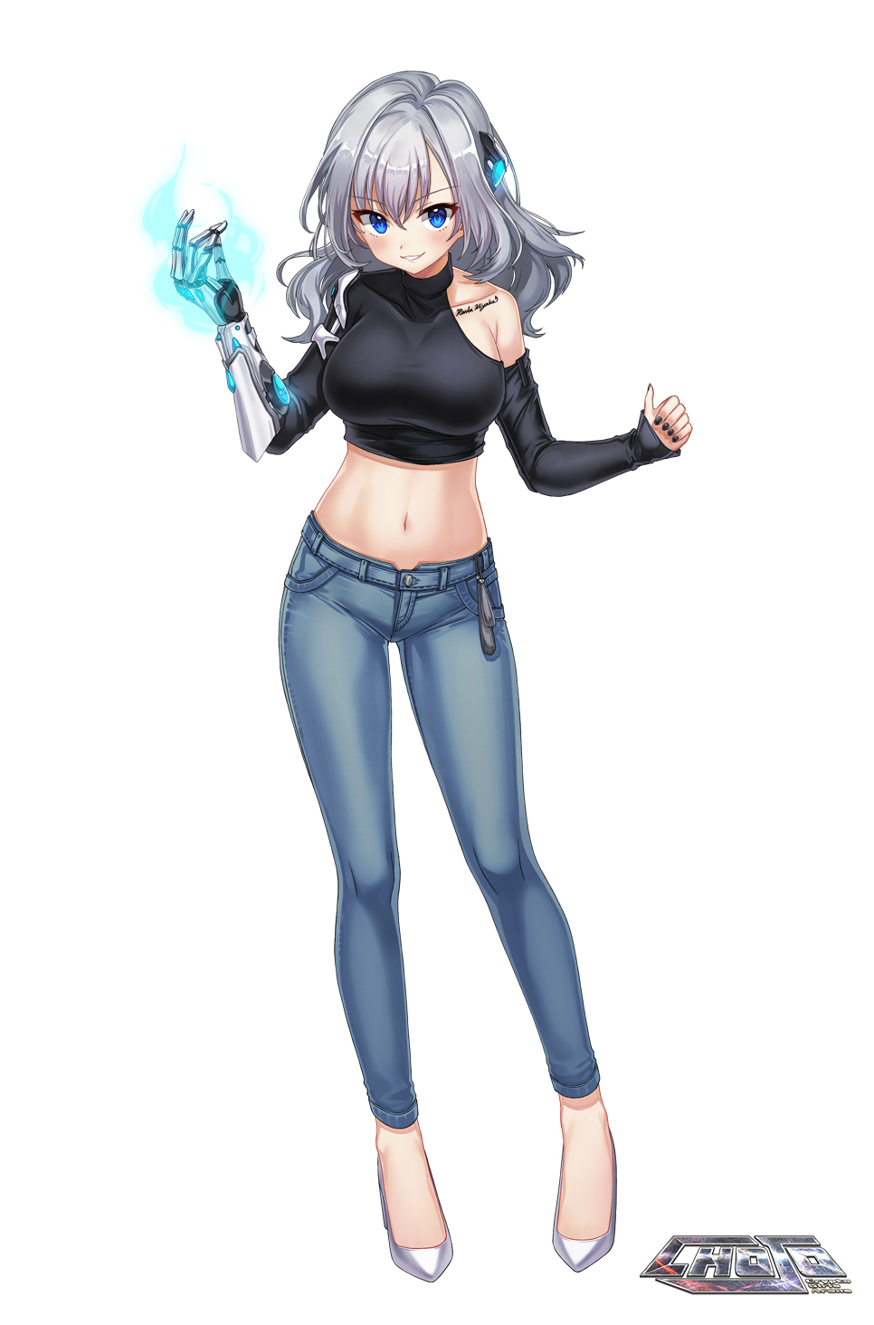 1girl bare_shoulders black_shirt blue_eyes blue_pants breasts chojo:_crypto_girls_arena clothing_cutout collarbone crop_top denim full_body grin hair_ornament hand_up high_heels highres jeans kyjsogom large_breasts long_hair looking_at_viewer midriff nail_polish navel official_art pants prosthesis prosthetic_arm shirt shoulder_cutout silver_hair simple_background smile solo standing stomach white_background