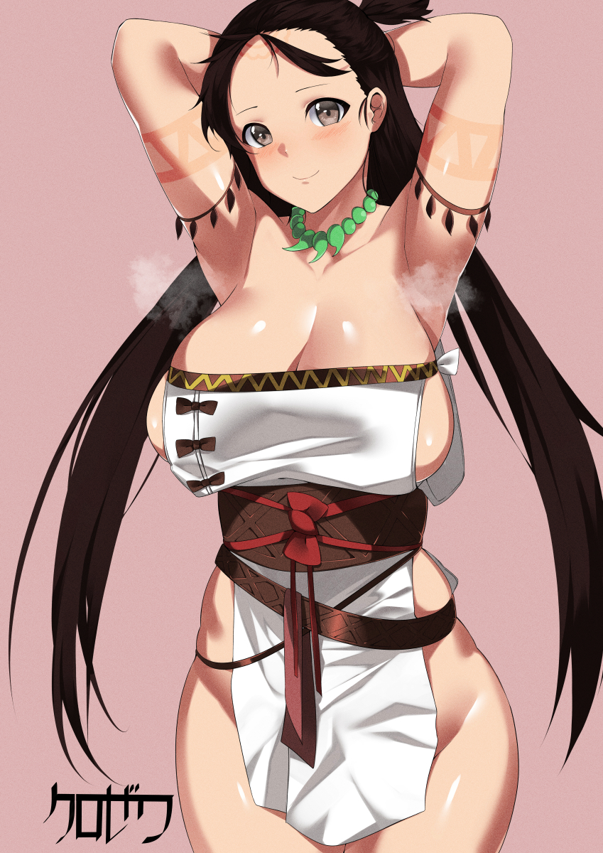 1girl armpits arms_behind_head arms_up bare_shoulders body_markings breasts brown_eyes brown_hair closed_mouth dress facial_mark fate/grand_order fate_(series) forehead forehead_mark highres himiko_(fate) kurosawa_rui_(hjkl42332) large_breasts long_hair looking_at_viewer magatama magatama_necklace sash side_slit sideboob smile steaming_body thighs topknot twintails white_dress