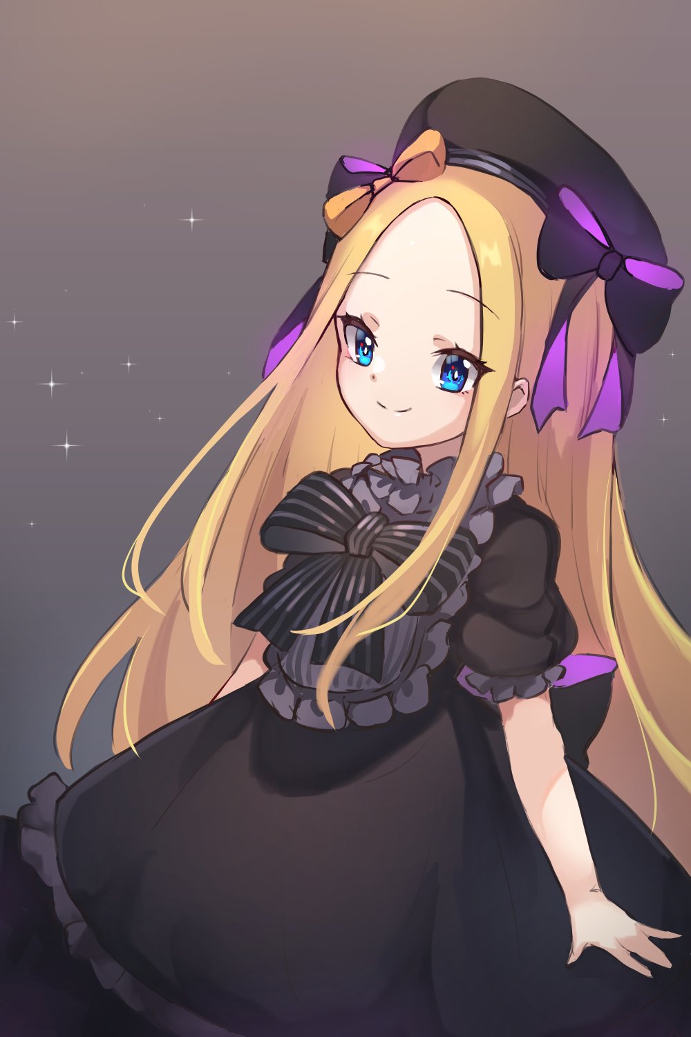 1girl abigail_williams_(fate/grand_order) bangs beret black_bow black_dress black_headwear blonde_hair blue_eyes blush bow breasts closed_mouth cosplay dress fate/extra fate/grand_order fate_(series) forehead hair_bow hat highres long_hair looking_at_viewer miya_(miyaruta) multiple_bows nursery_rhyme_(fate/extra) nursery_rhyme_(fate/extra)_(cosplay) orange_bow parted_bangs puffy_short_sleeves puffy_sleeves short_sleeves sidelocks small_breasts smile