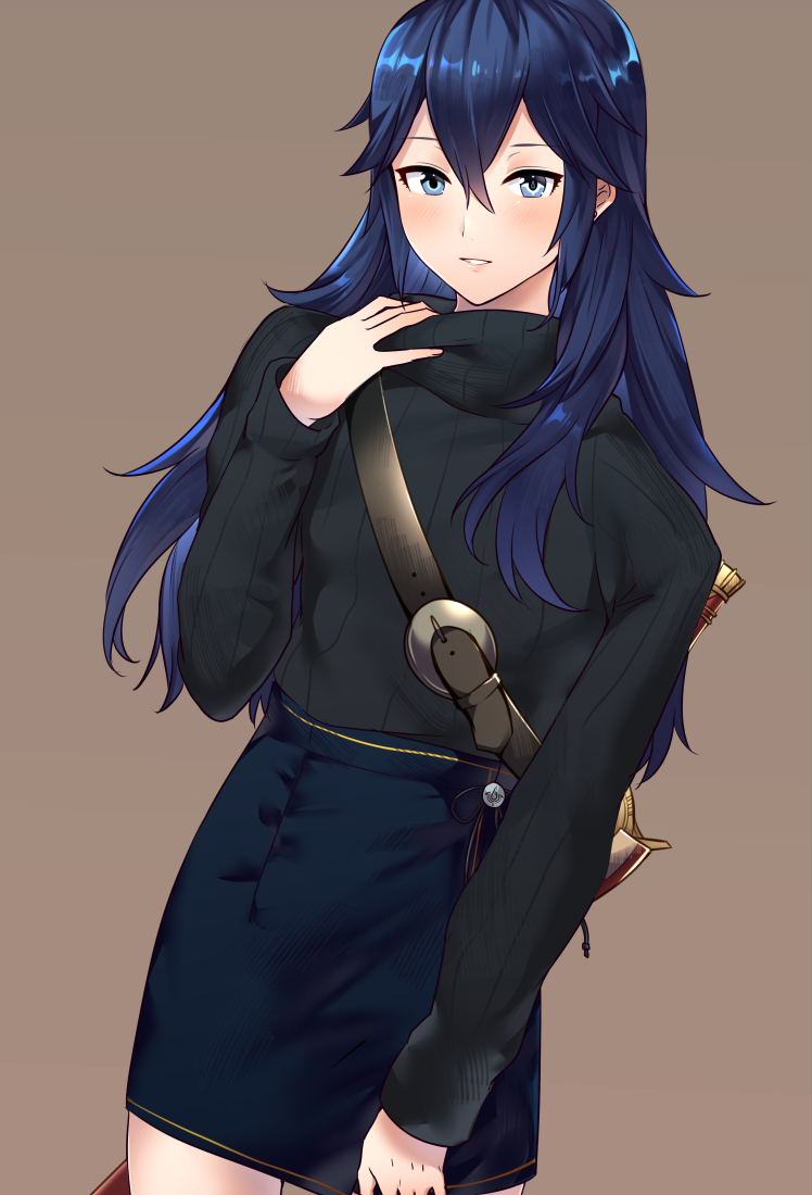 1girl adjusting_clothes alternate_costume ameno_(a_meno0) belt belt_buckle black_sweater blue_eyes blue_hair blue_skirt blush buckle casual falchion_(fire_emblem) fire_emblem fire_emblem_awakening hair_between_eyes long_hair looking_at_viewer lucina lucina_(fire_emblem) miniskirt parted_lips ribbed_sweater simple_background skirt solo sweater sword symbol-shaped_pupils teeth turtleneck turtleneck_sweater weapon