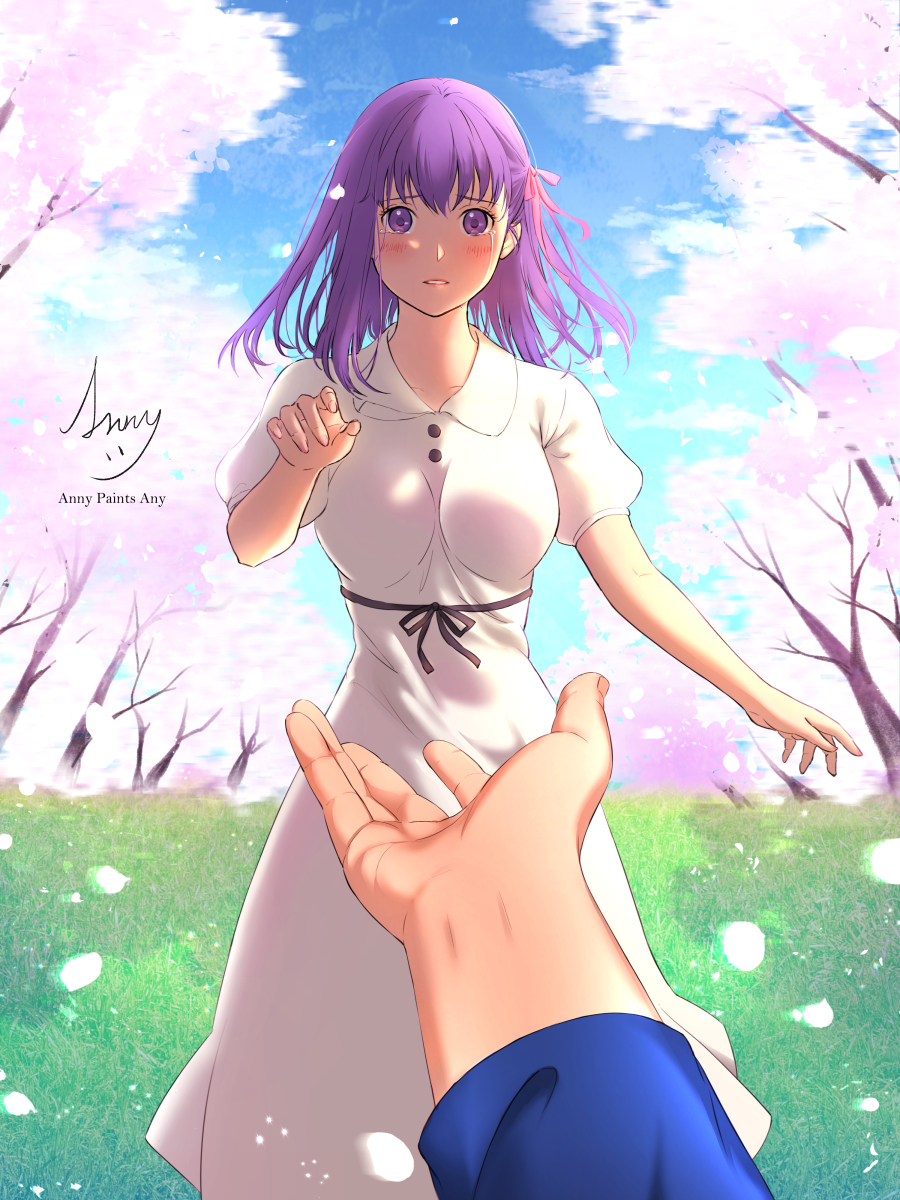 1boy 1girl bangs black_ribbon blush breasts cherry_blossoms collared_dress commentary_request crying crying_with_eyes_open day dress emiya_shirou fate/stay_night fate_(series) grass hair_ribbon hand_up heaven's_feel highres hongye_(littlemomiji) large_breasts long_hair looking_at_viewer matou_sakura outdoors parted_lips pov pov_hands puffy_short_sleeves puffy_sleeves purple_hair reaching ribbon short_sleeves solo_focus standing tears tree violet_eyes white_dress