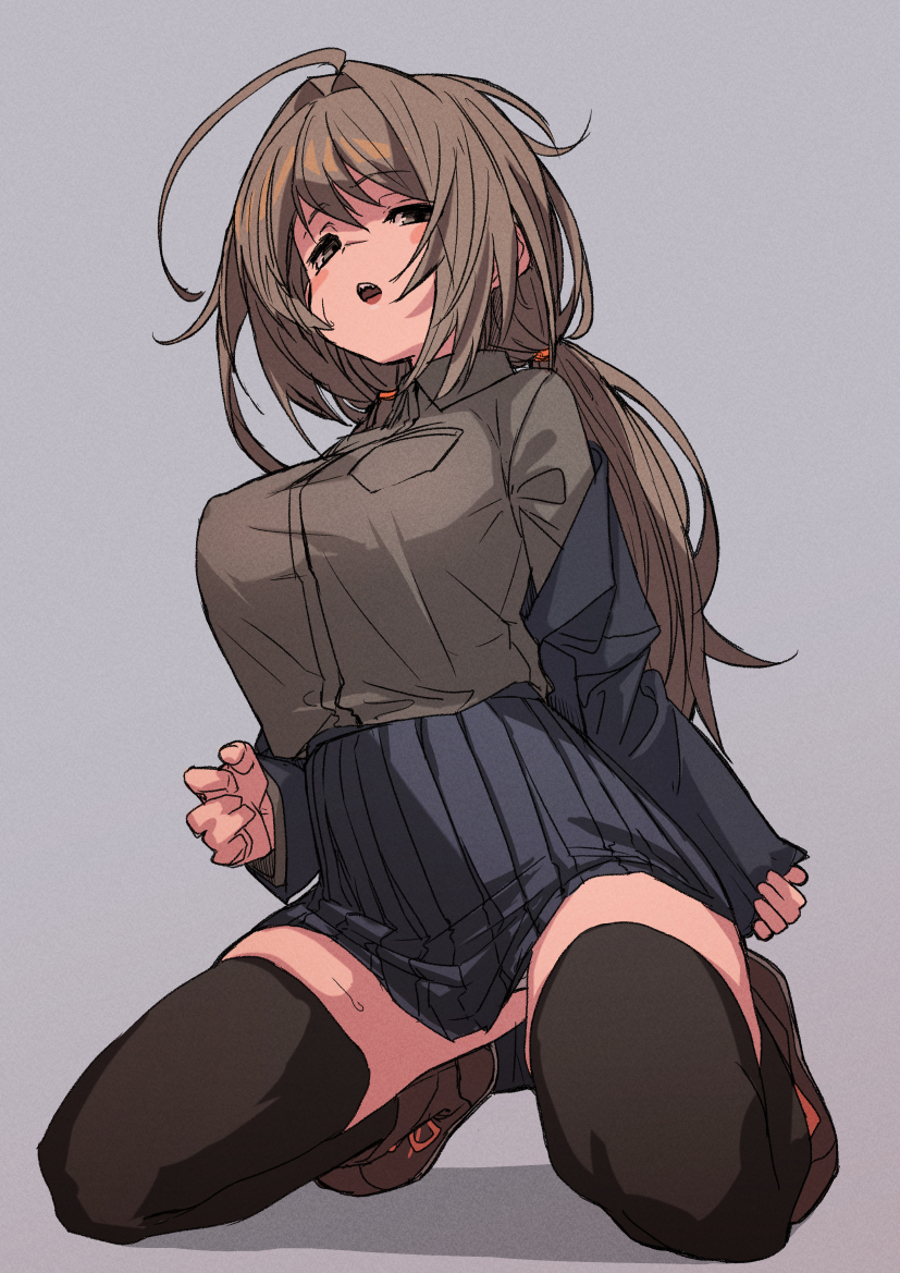 1girl ahoge black_jacket black_legwear black_skirt boots breast_pocket breasts brown_footwear brown_hair brown_shirt check_copyright collared_shirt copyright_request fu-ta grey_background high-waist_skirt jacket kneeling large_breasts long_hair looking_at_viewer low_twintails miniskirt off_shoulder open_clothes open_jacket open_mouth original panties panty_peek pleated_skirt pocket shirt shirt_tucked_in simple_background skirt solo sweat thigh-highs twintails underwear