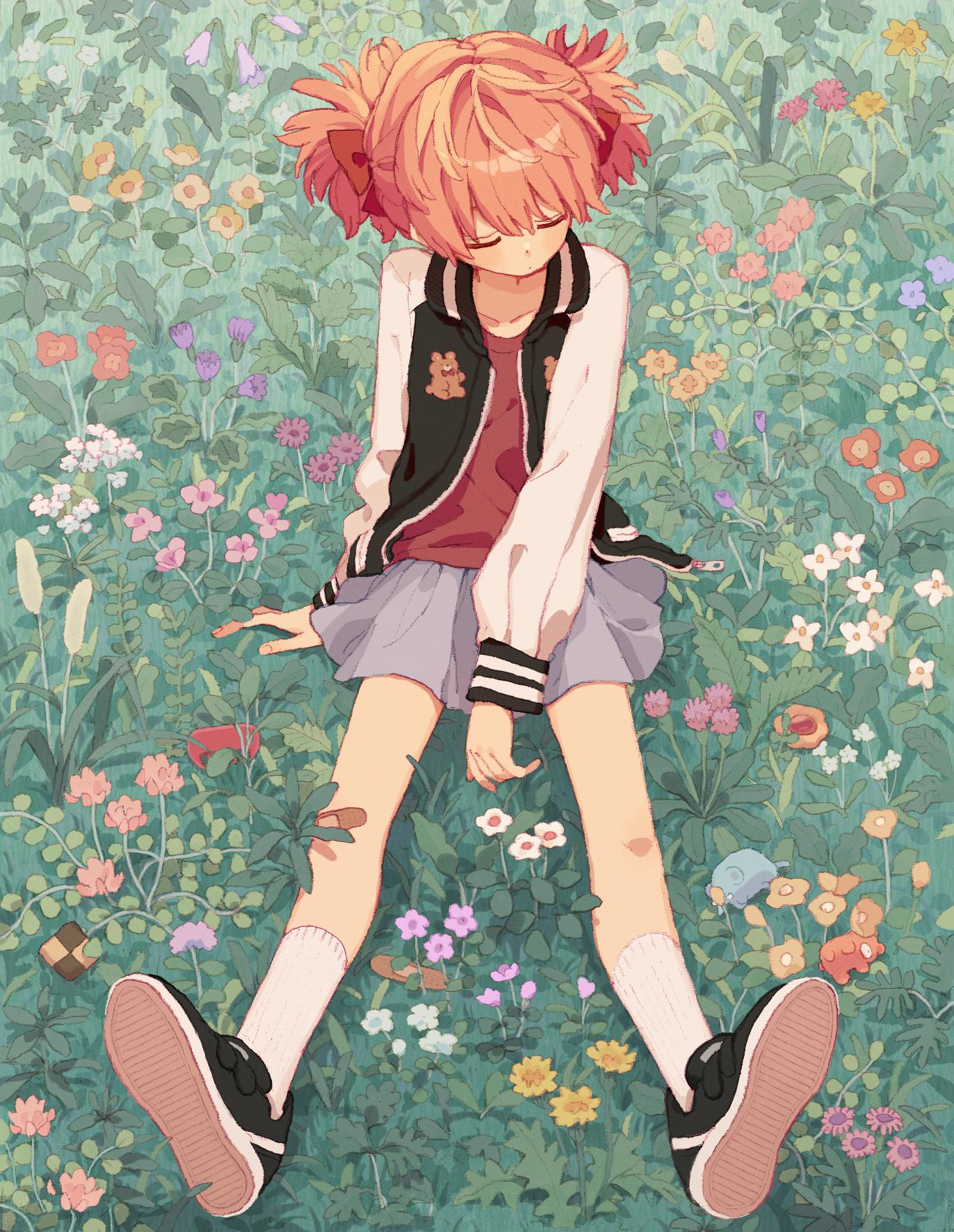 1girl animal_print bandaid bandaid_on_knee bear_print black_footwear closed_eyes closed_mouth field fingernails flower flower_field grass grey_skirt highres jacket ka_(marukogedago) letterman_jacket long_sleeves miniskirt open_clothes open_jacket orange_hair original pink_flower red_flower red_shirt shirt shoes sitting skirt socks solo twintails white_jacket white_legwear