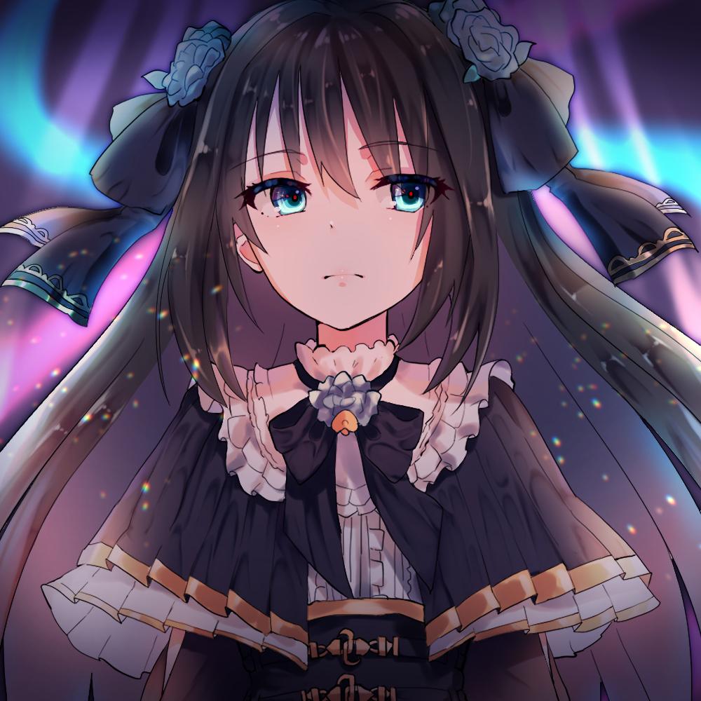 1girl arcaea bangs black_hair black_neckwear blue_eyes blue_flower blue_rose blurry bokeh bow capelet closed_mouth commentary_request depth_of_field expressionless eyebrows_visible_through_hair eyes_visible_through_hair flower frilled_shirt_collar frills gold_trim hair_bow hair_flower hair_ornament long_hair looking_to_the_side rose sidelocks solo tairitsu_(arcaea) upper_body utsunomiya_ryo