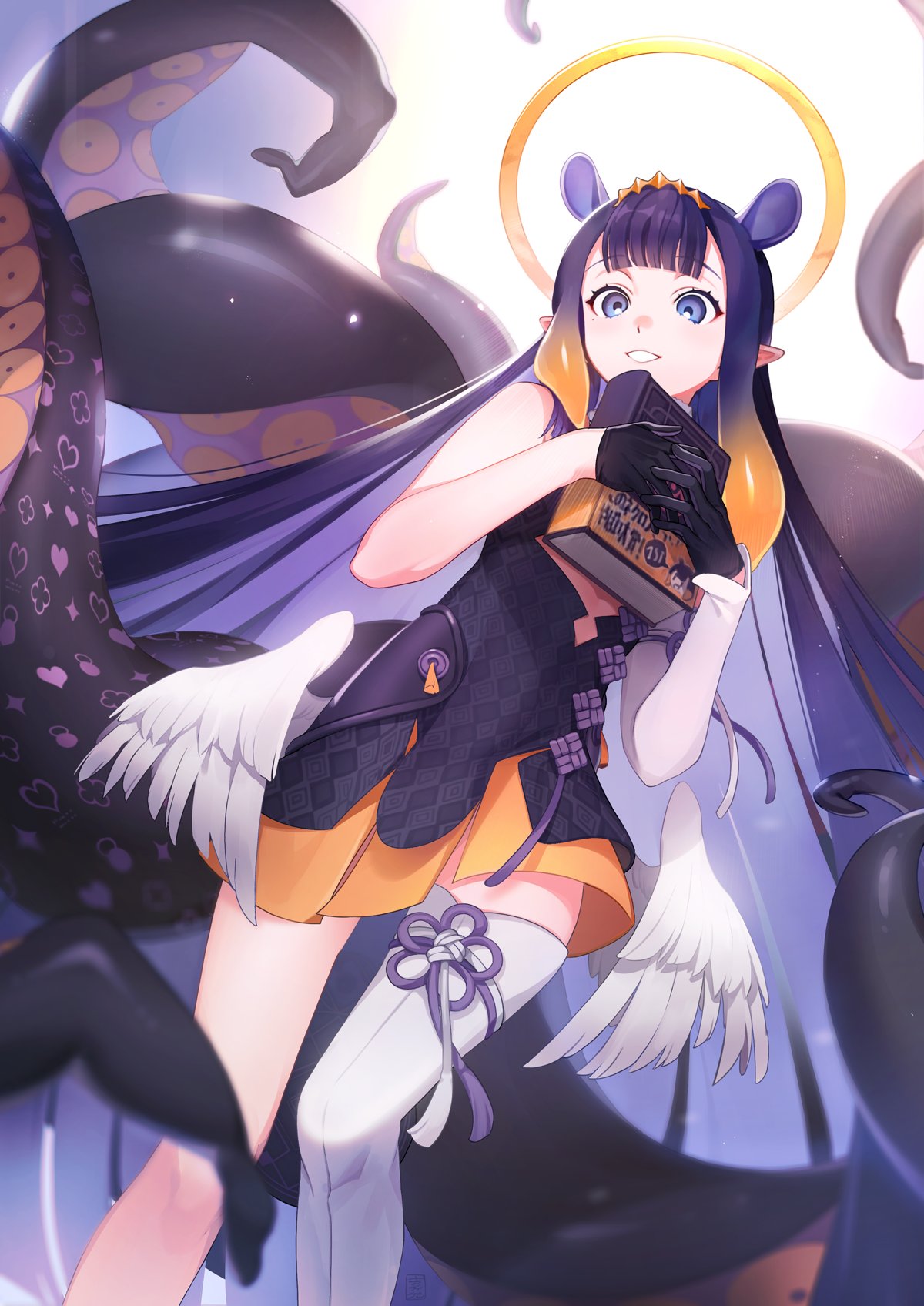 1girl black_eyes black_hair book detached_sleeves halo highres holding holding_book hololive hololive_english long_hair looking_at_viewer low_wings mole mole_under_eye ninomae_ina'nis pointy_ears single_arm_warmer single_detached_sleeve smile solo tentacle_hair tentacles tg_(tg_c_apple) virtual_youtuber wings