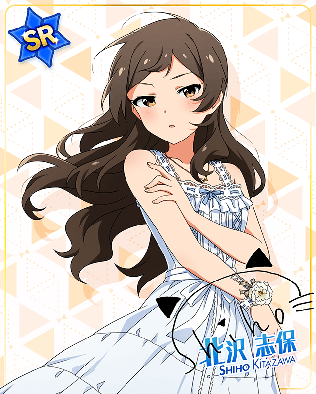 blush brown_hair character_name dress idolmaster_million_live!_theater_days kitazawa_shiho long_hair yellow_eyes