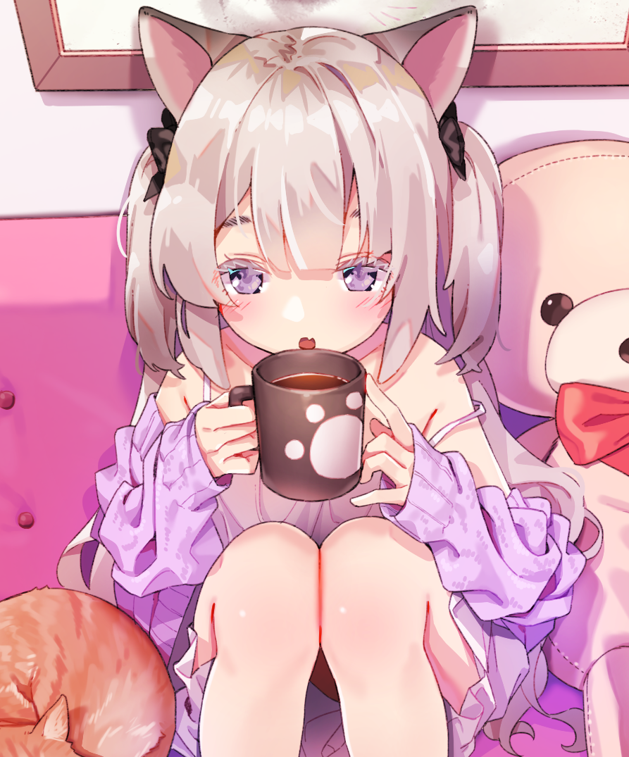 1girl :o agnamore animal animal_ears bangs bare_shoulders black_bow blush bow cat collarbone commentary_request couch cup dress eyebrows_behind_hair fang feet_out_of_frame grey_hair hair_between_eyes hair_bow hands_up holding holding_cup jacket knees_up korean_commentary mug off_shoulder on_couch open_clothes open_jacket original parted_lips purple_jacket red_bow sitting sleeveless sleeveless_dress solo strap_slip stuffed_animal stuffed_toy teddy_bear two_side_up violet_eyes white_dress