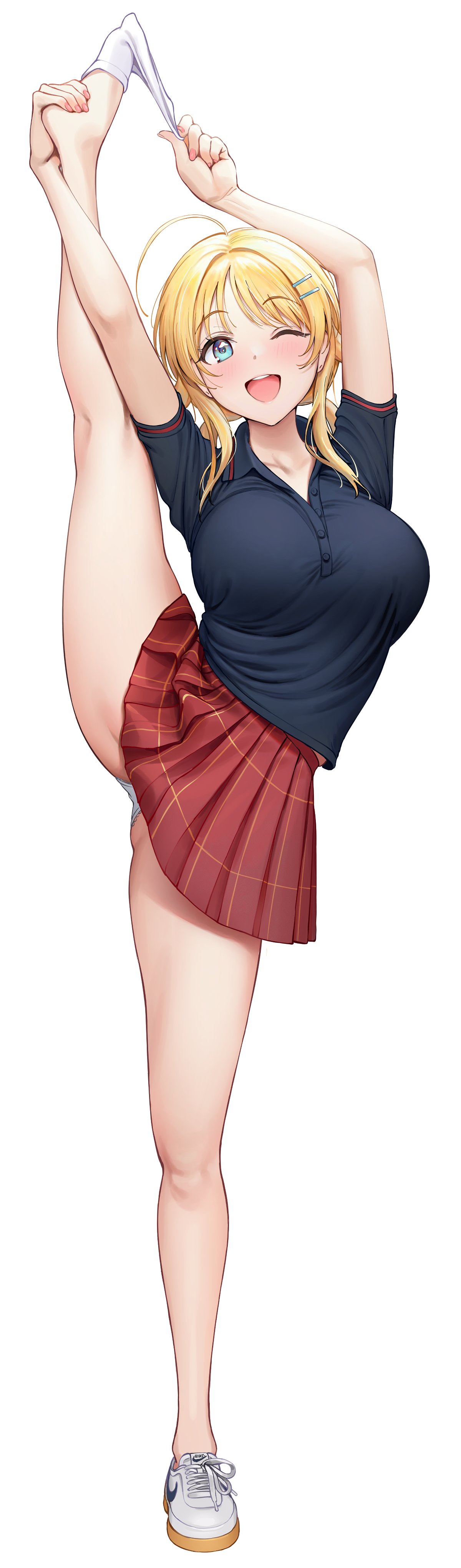 1girl absurdres ahoge ameyame bangs blonde_hair blue_eyes blue_shirt blush breasts full_body hachimiya_meguru hair_ornament hairclip highres idolmaster idolmaster_shiny_colors large_breasts leg_lift leg_up legs long_hair looking_at_viewer low_twintails one_eye_closed open_mouth plaid plaid_skirt pleated_skirt polo_shirt revision shirt simple_background skirt smile split standing standing_on_one_leg standing_split swept_bangs twintails white_background