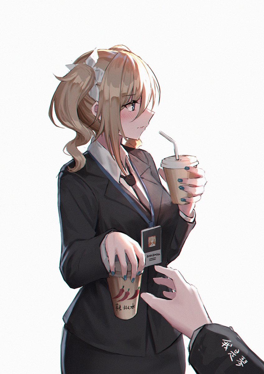 1girl bangs barbara_(genshin_impact) bendy_straw black_jacket black_neckwear blue_eyes blush breasts brown_hair character_name closed_mouth collared_shirt cup disposable_cup drinking_straw eyebrows_visible_through_hair formal genshin_impact grey_background hair_between_eyes highres holding holding_cup id_card jacket lanyard long_sleeves looking_away necktie out_of_frame shirt simple_background skirt_suit small_breasts solo_focus suit translation_request twintails white_shirt yurichtofen