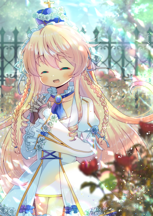 1girl :d ^_^ bangs blonde_hair blurry blurry_background blurry_foreground blush braid brooch brown_gloves character_request closed_eyes collarbone crown day depth_of_field dress eyebrows_visible_through_hair facing_viewer fence flower frilled_sleeves frills gloves hair_between_eyes hands_up interlocked_fingers jewelry juliet_sleeves kouu_hiyoyo long_hair long_sleeves open_mouth outdoors puffy_sleeves rose sennen_sensou_aigis sleeves_past_wrists smile solo twin_braids very_long_hair white_dress white_flower white_rose wide_sleeves