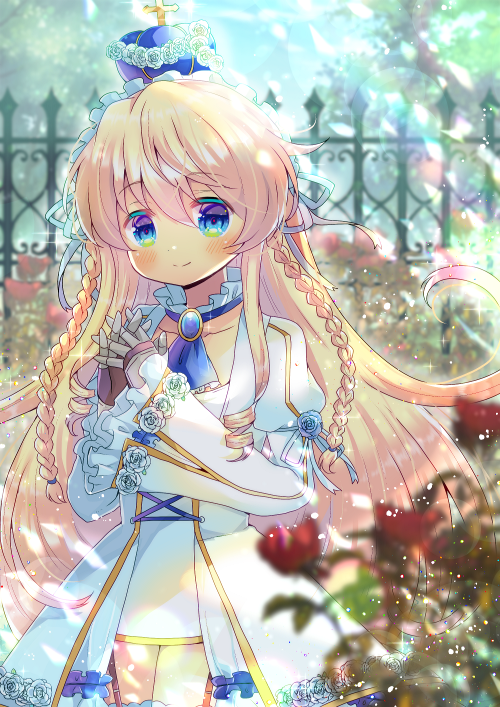 1girl bangs blonde_hair blue_eyes blurry blurry_background blurry_foreground blush braid brooch brown_gloves character_request closed_mouth collarbone commentary_request crown day depth_of_field dress eyebrows_visible_through_hair fence flower frilled_sleeves frills gloves hair_between_eyes hands_up interlocked_fingers jewelry juliet_sleeves kouu_hiyoyo long_hair long_sleeves looking_at_viewer outdoors puffy_sleeves rose sennen_sensou_aigis sleeves_past_wrists smile solo twin_braids very_long_hair white_dress white_flower white_rose wide_sleeves