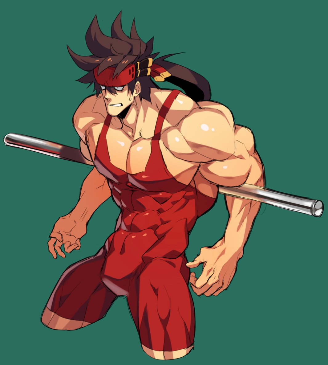 1boy bara bare_shoulders brown_hair bulge chest covered_abs cropped_legs guilty_gear headgear long_hair male_focus muscle na_insoo ponytail shiny shiny_skin simple_background sol_badguy solo spiky_hair thighs tight wrestling_outfit yellow_eyes