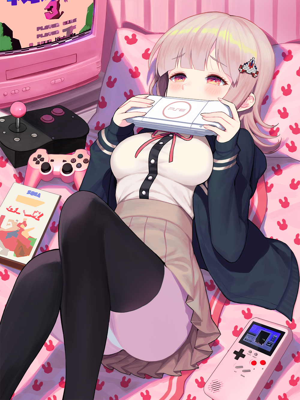 1girl animal_print bangs black_jacket black_legwear blunt_bangs blush breasts brown_skirt bunny_print commentary_request dangan_ronpa eyebrows_visible_through_hair feet_out_of_frame flipped_hair from_above game_console hair_ornament hairclip handheld_game_console heart highres holding hood indoors jacket kyundoo large_breasts long_sleeves looking_at_viewer lying super_mario_bros. medium_breasts nanami_chiaki neck_ribbon on_back on_bed open_clothes panties pantyshot pillow pink_eyes pink_hair pink_ribbon playing_games playstation_controller playstation_portable pleated_skirt ribbon school_uniform shirt short_hair skirt solo spaceship_hair_ornament super_dangan_ronpa_2 super_mario_bros._3 television tetris thigh-highs underwear white_shirt