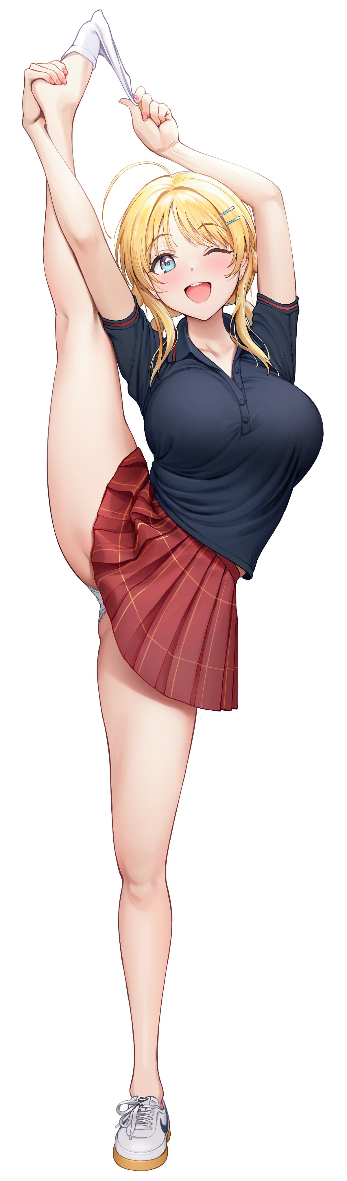 1girl absurdres ahoge ameyame bangs blonde_hair blue_eyes blue_shirt blush breasts full_body hachimiya_meguru hair_ornament hairclip highres idolmaster idolmaster_shiny_colors large_breasts leg_lift leg_up legs long_hair looking_at_viewer low_twintails one_eye_closed open_mouth plaid plaid_skirt pleated_skirt polo_shirt shirt simple_background skirt smile split standing standing_on_one_leg standing_split swept_bangs twintails white_background