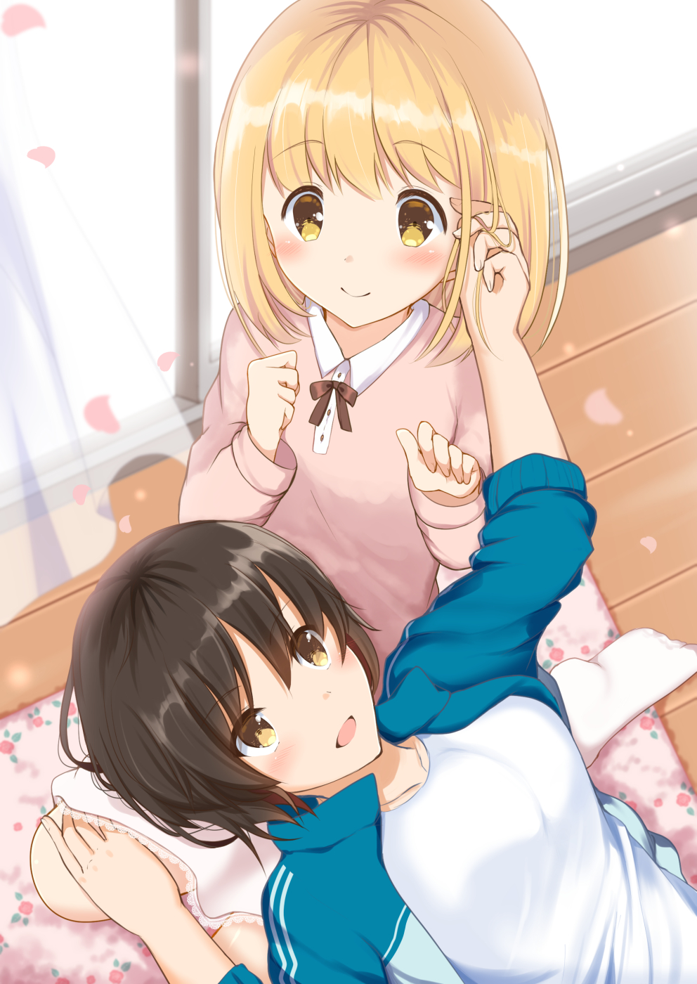 2girls :d asagao_to_kase-san bangs black_hair blonde_hair blue_jacket blush bow breasts brown_eyes brown_hair collarbone collared_shirt curtains day eyebrows_visible_through_hair floral_print hand_in_another's_hair hand_on_another's_knee highres indoors jacket kase_tomoka lace-trimmed_skirt lace_trim lap_pillow long_sleeves looking_at_another looking_at_viewer medium_hair multiple_girls no_shoes open_clothes open_door open_jacket open_mouth petals pink_shirt ribbon shirt short_hair sitting skirt smile socks striped sunlight track_jacket track_suit white_footwear white_shirt white_skirt wind wooden_floor yakata_mana yamada_yui yellow_eyes yuri