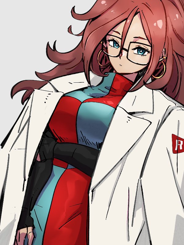 1girl android_21 black-framed_eyewear blue_eyes checkered checkered_dress closed_mouth dragon_ball dragon_ball_fighterz dress earrings glasses grey_background hair_between_eyes hoop_earrings jewelry kemachiku labcoat long_hair looking_at_viewer red_ribbon_army redhead simple_background solo