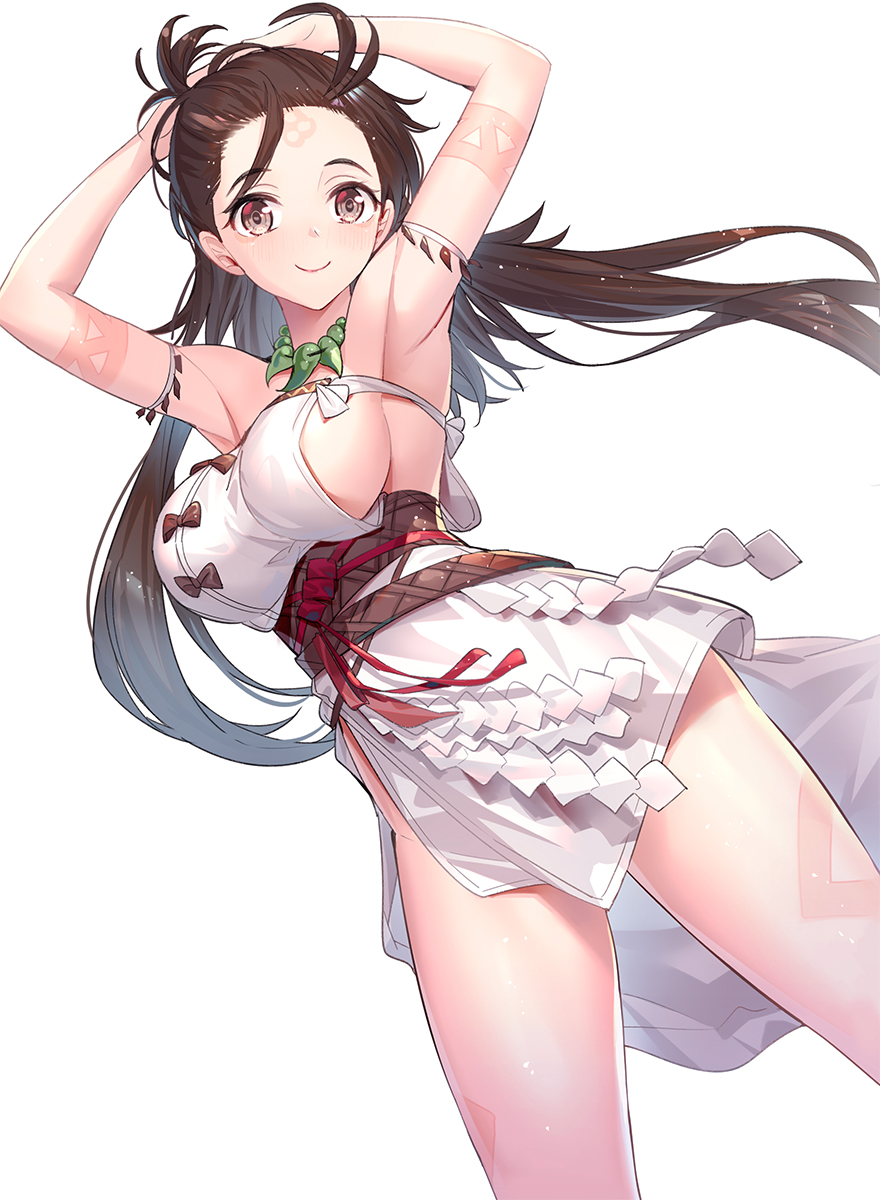 1girl armpits arms_behind_head arms_up bare_shoulders body_markings breasts brown_eyes brown_hair closed_mouth commentary_request dress dutch_angle facial_mark fate/grand_order fate_(series) forehead forehead_mark highres himiko_(fate) large_breasts long_hair looking_at_viewer magatama magatama_necklace no_bra no_panties ririko_(zhuoyandesailaer) sash side_slit sideboob simple_background smile solo strapless strapless_dress thighs topknot twintails very_long_hair white_background white_dress