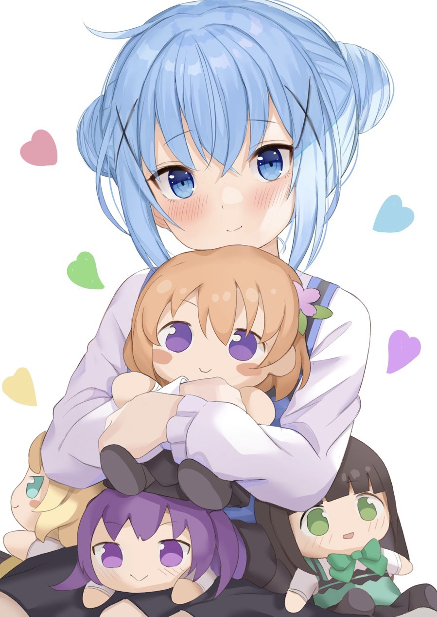 1girl bangs black_hair blonde_hair blue_eyes blue_hair blush bow brown_hair character_doll doll_hug double_bun eyebrows_visible_through_hair flower gochuumon_wa_usagi_desu_ka? green_bow hair_flower hair_ornament heart highres hoto_cocoa kafuu_chino kirima_sharo long_sleeves looking_at_viewer purple_hair raru0310 shirt simple_background smile solo stuffed_toy tedeza_rize ujimatsu_chiya white_background white_shirt x_hair_ornament