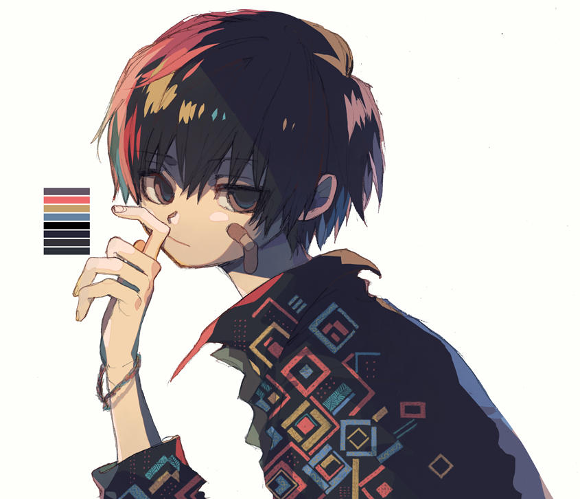 1boy bandaid bandaid_on_cheek black_eyes black_hair bracelet closed_mouth color_guide fingernails from_side jewelry jitome ka_(marukogedago) looking_at_viewer looking_to_the_side male_focus multicolored_hair original popped_collar shiny shiny_hair simple_background solo white_background