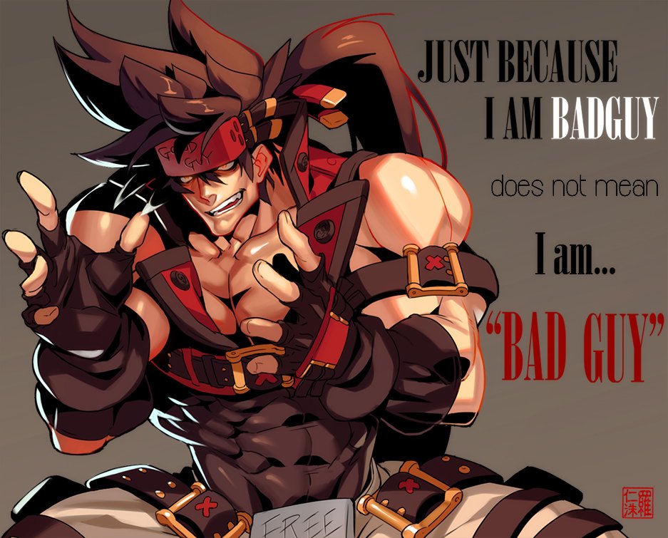 1boy ancient_aliens bara bare_shoulders belt_buckle brown_hair buckle chest covered_abs english_text fingerless_gloves gloves guilty_gear harness headgear long_hair male_focus meme muscle na_insoo open_clothes parody ponytail shiny shiny_skin simple_background sleeveless sol_badguy solo spiky_hair thighs tight yellow_eyes
