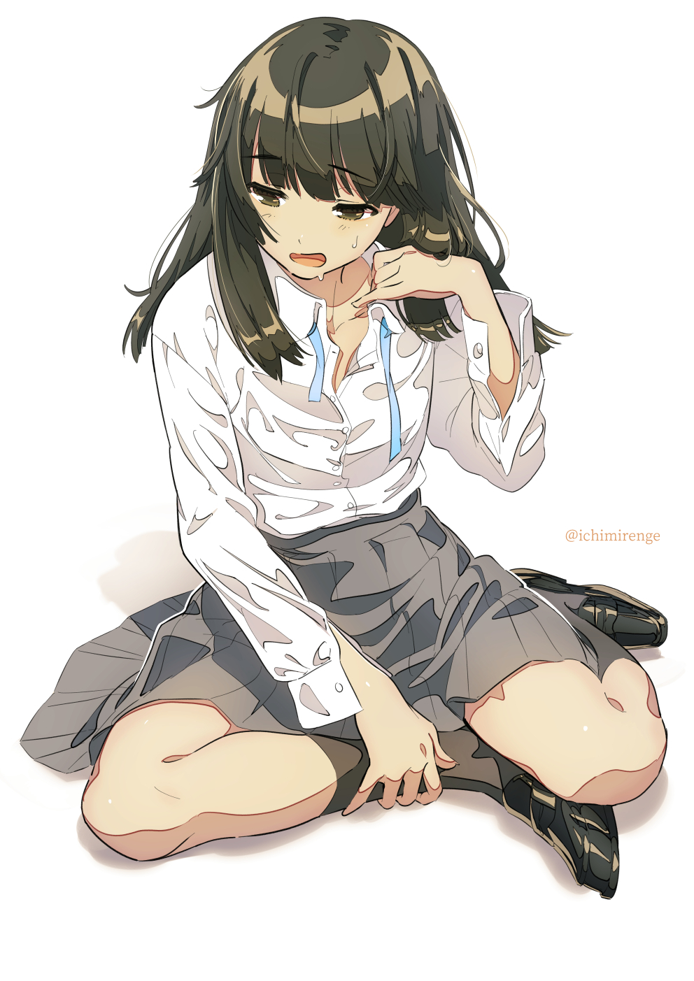 1girl adjusting_hair anime_coloring arm_up artist_name bangs black_footwear blouse blue_neckwear blue_ribbon brown_eyes brown_hair buttons collar collarbone collared_shirt commentary_request eyebrows_visible_through_hair full_body grey_skirt high-waist_skirt highres holding holding_leg hot ichimirenge leg_grab loafers long_hair long_sleeves looking_away medium_hair neck_ribbon neckwear on_floor open_mouth original partially_unbuttoned pleated_skirt ribbon school_uniform shirt shirt_tucked_in shoes simple_background sitting skirt socks solo sweat twitter_username uniform wet wet_clothes white_background white_shirt yokozuwari