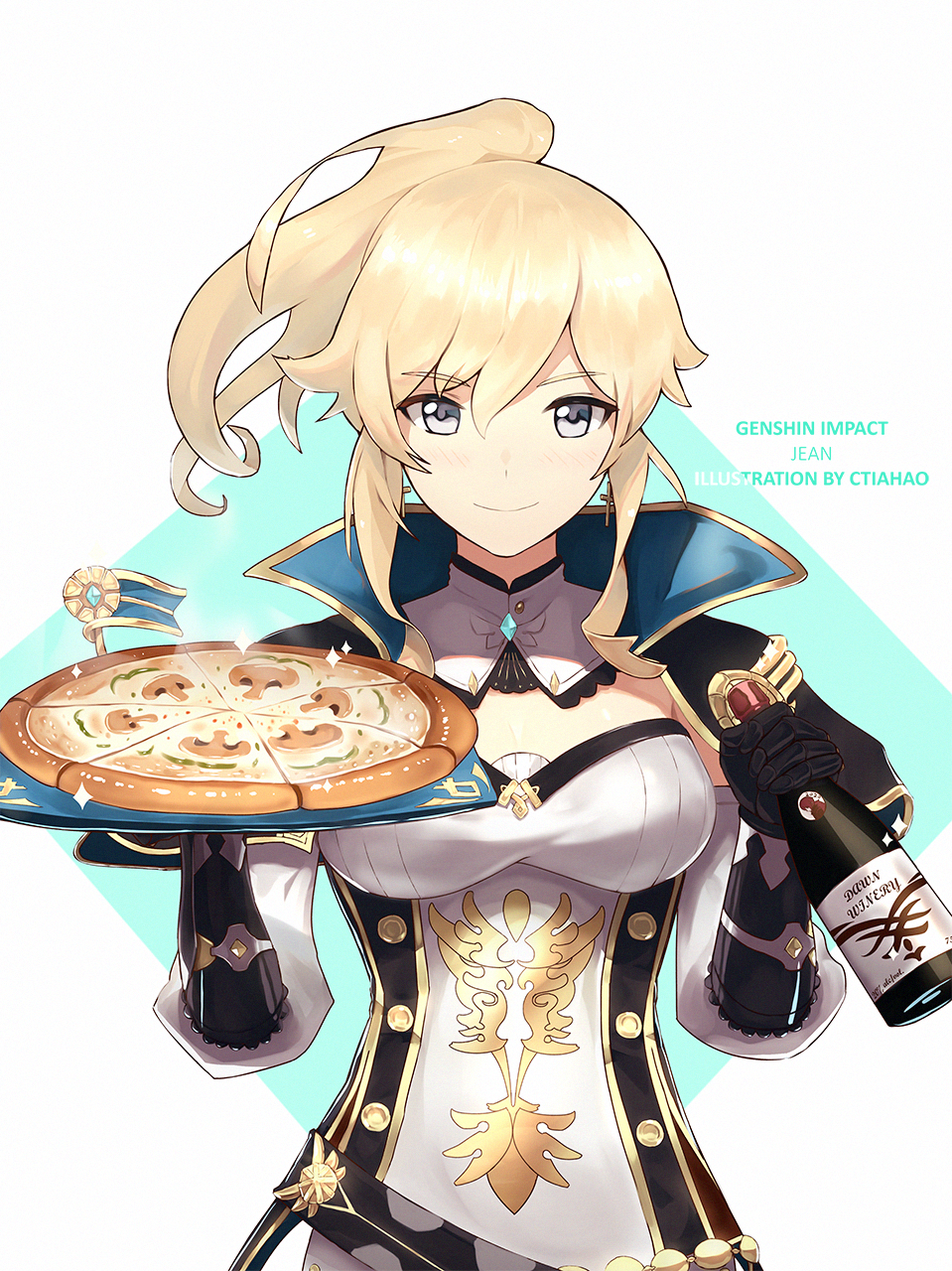 1girl artist_name blonde_hair bottle character_name copyright_name ctiahao food genshin_impact grey_eyes highres holding holding_bottle holding_tray jean_(genshin_impact) medium_hair pizza solo tied_hair tray wine_bottle