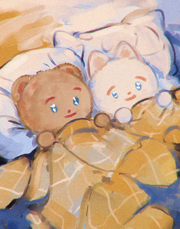 animal animal_focus bear bed blanket blue_eyes cat chromatic_aberration closed_mouth film_grain hands_up indoors looking_at_viewer lying moricky no_humans on_back original pillow plaid smile under_covers white_cat