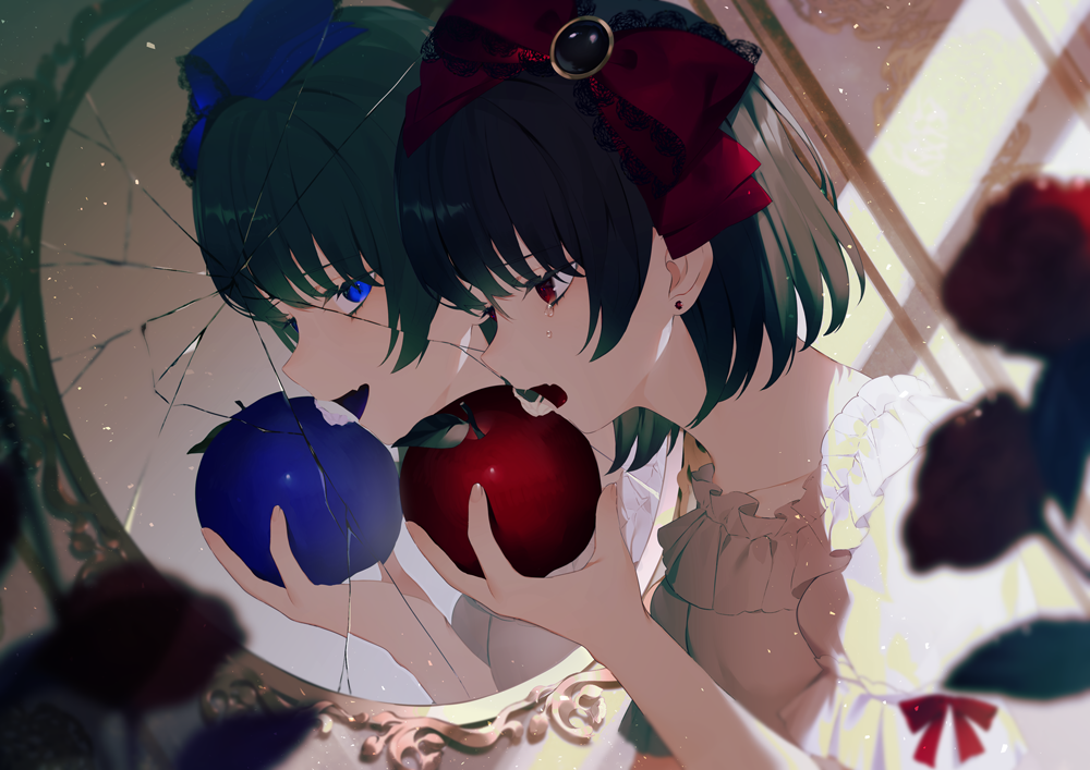 1girl achiki bangs black_hair blue_apple blue_bow blue_eyes blurry blurry_foreground bow commentary_request crying crying_with_eyes_open damaged depth_of_field different_reflection dress earrings eyebrows_visible_through_hair fang flower food from_side fruit hair_bow holding holding_food holding_fruit jewelry mirror open_mouth original puffy_short_sleeves puffy_sleeves red_apple red_bow red_eyes red_flower red_rose reflection rose short_hair short_sleeves solo stud_earrings tears white_dress
