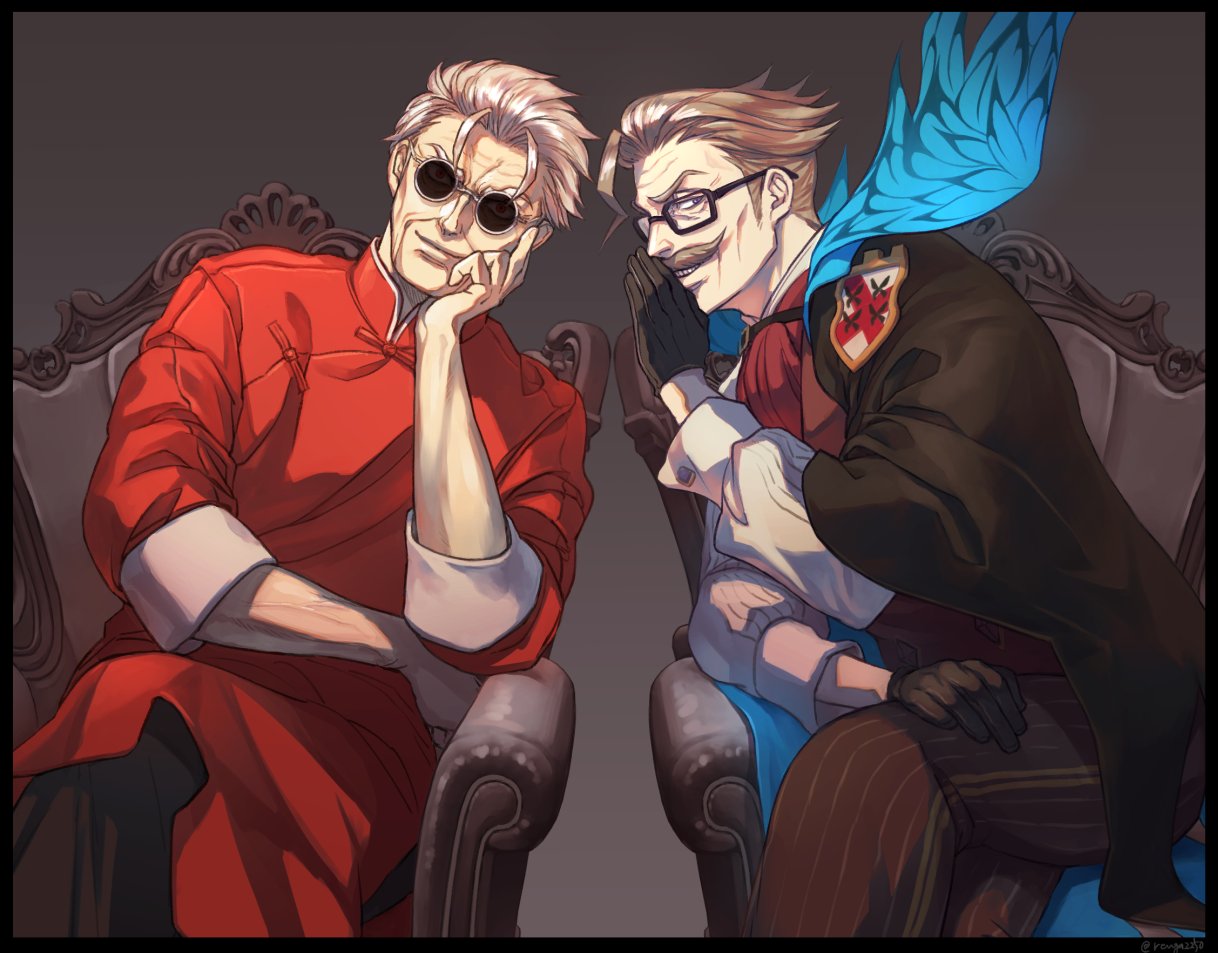 2boys animal_print bangs black_gloves blue_eyes butterfly_print chair chinese_clothes crossed_legs elbow_rest facial_hair fate/grand_order fate_(series) formal glasses gloves james_moriarty_(fate/grand_order) li_shuwen_(fate) li_shuwen_(fate/grand_order) long_sleeves looking_at_viewer male_focus multiple_boys mustache old_man pants parted_bangs renga2250 sitting smile spiky_hair striped striped_pants sunglasses vest whispering