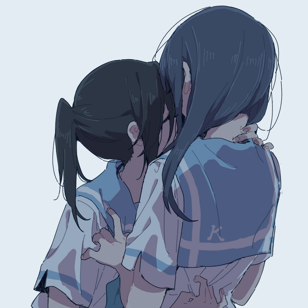 2girls black_hair blue_hair blue_neckwear blue_sailor_collar closed_eyes hibike!_euphonium hug implied_kiss kasaki_nozomi kitauji_high_school_uniform liz_to_aoi_tori long_hair multiple_girls neckerchief ponytail ree_(re-19) sailor_collar school_uniform serafuku shirt short_sleeves simple_background uniform white_shirt yoroizuka_mizore yuri