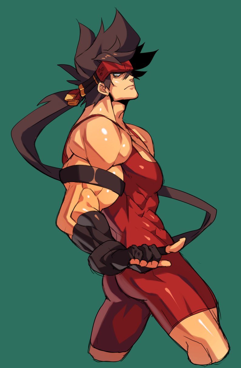 1boy armband ass bara bare_shoulders brown_hair chest covered_abs cropped_legs fingerless_gloves from_behind gloves guilty_gear headgear highres long_hair looking_at_viewer looking_back male_focus muscle na_insoo ponytail shiny shiny_skin simple_background sol_badguy solo spiky_hair thighs tight wrestling_outfit yellow_eyes