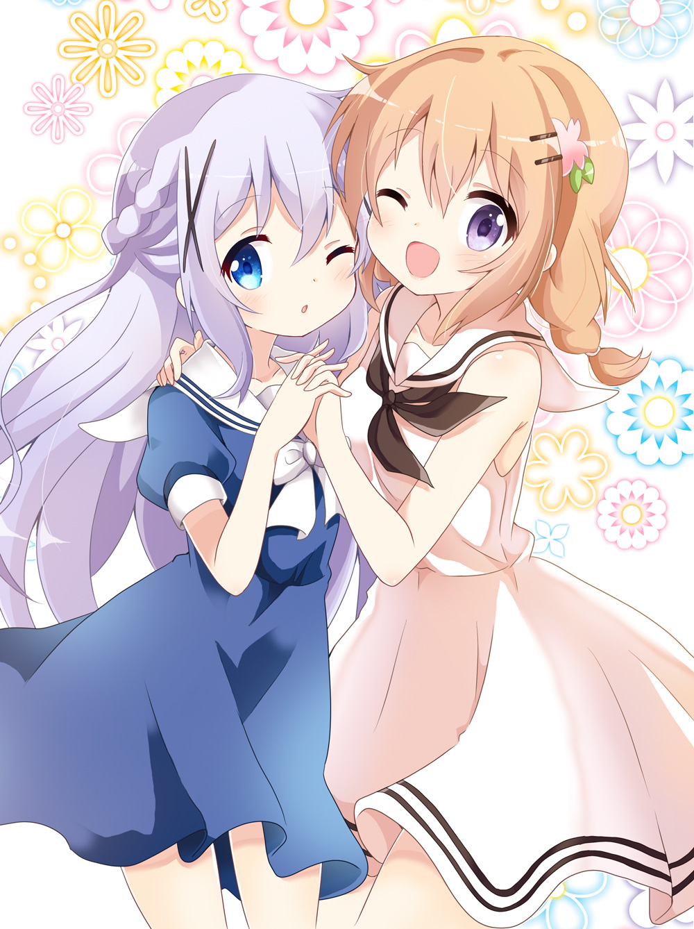 2girls ;d ;o bangs bare_arms bare_shoulders black_neckwear blue_dress blue_eyes blue_hair blush bow braid commentary_request dress eyebrows_visible_through_hair floral_background gochuumon_wa_usagi_desu_ka? hair_between_eyes hair_ornament hairclip hand_on_another's_shoulder highres holding_hands hoto_cocoa interlocked_fingers kafuu_chino long_hair looking_at_viewer massala multiple_girls neckerchief one_eye_closed open_mouth parted_lips puffy_short_sleeves puffy_sleeves sailor_collar sailor_dress short_sleeves sleeveless sleeveless_dress smile very_long_hair violet_eyes white_background white_bow white_dress white_sailor_collar x_hair_ornament