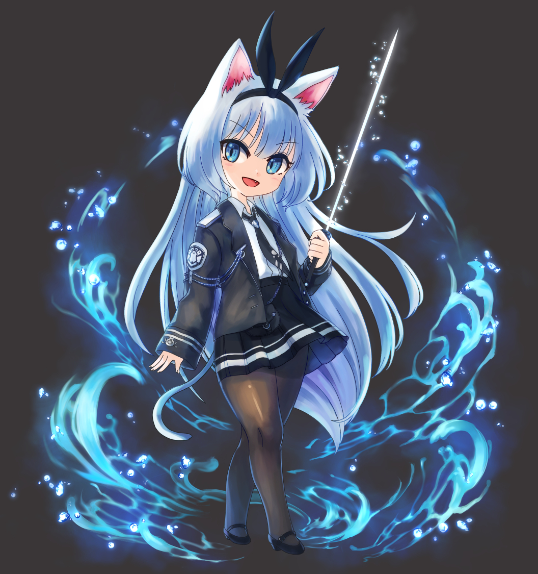 1girl :d animal_ears black_footwear black_jacket black_neckwear black_skirt blue_eyes bolbbangbbang cat_ears cat_tail full_body headband jacket long_hair long_sleeves looking_at_viewer lumia_saga necktie open_mouth pantyhose school_uniform silver_hair skirt smile solo tail very_long_hair wand