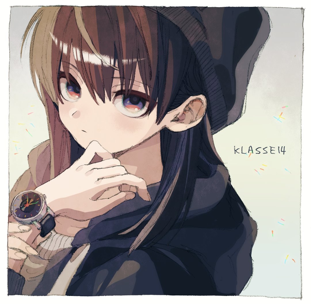 1girl beanie black_headwear black_jacket border brown_hair closed_mouth grey_sweater hand_up hat hood hood_down hooded_jacket jacket ka_(marukogedago) klasse14 looking_at_viewer multicolored multicolored_eyes plant potted_plant red_eyes solo sweater violet_eyes watch watch white_border