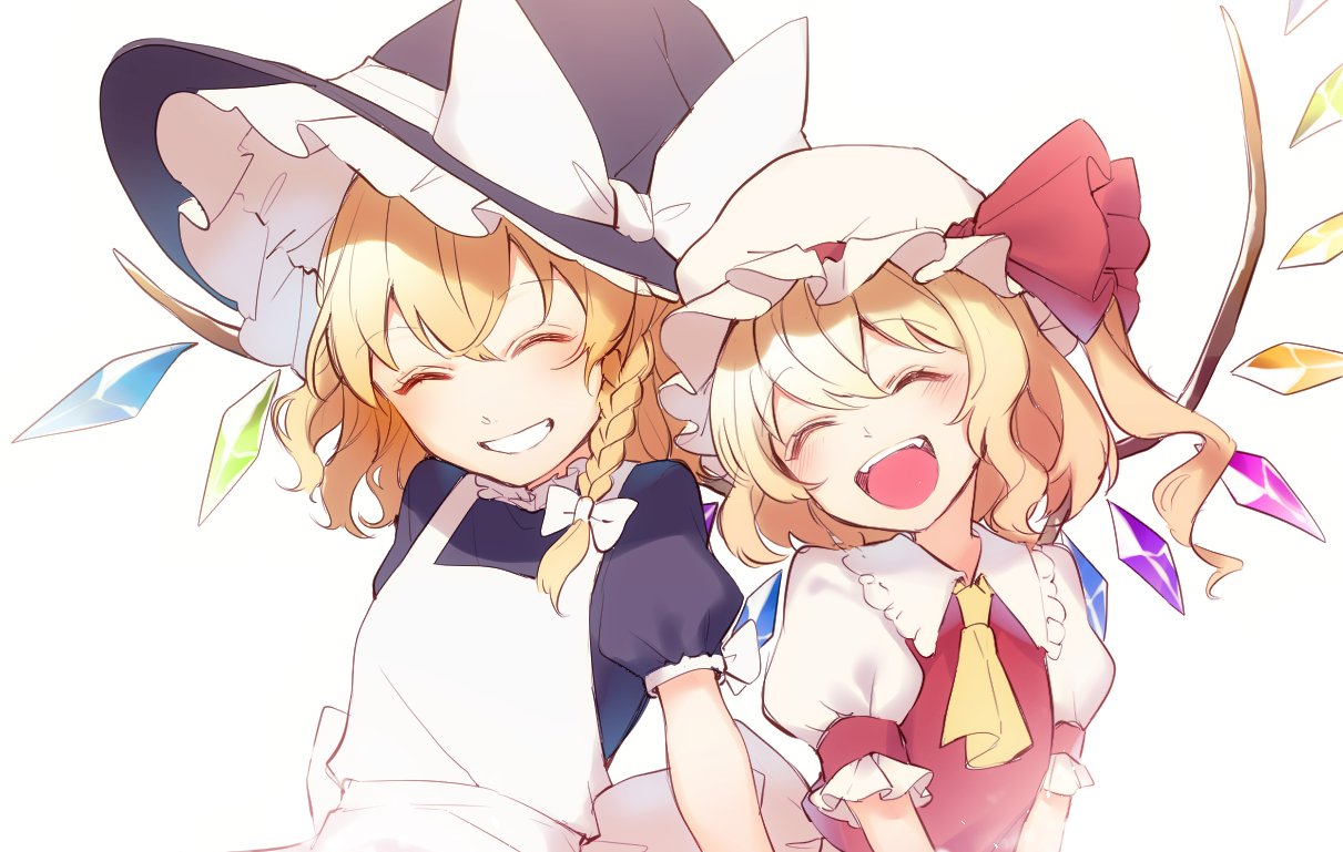2girls ^_^ apron ascot black_dress blonde_hair blush bow braid closed_eyes commentary_request crystal dress eyebrows_visible_through_hair flandre_scarlet flat_chest frilled_hat frilled_shirt_collar frills happy hat hat_bow hat_ribbon head_tilt jill_07km kirisame_marisa medium_hair mob_cap multiple_girls one_side_up open_mouth puffy_short_sleeves puffy_sleeves ribbon short_hair short_sleeves simple_background single_braid smile touhou upper_body upper_teeth white_background white_bow wings witch_hat yellow_neckwear