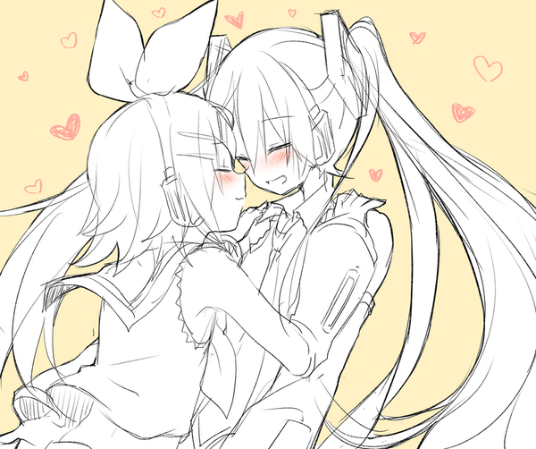 2girls bare_shoulders blush bow closed_eyes detached_sleeves face-to-face hair_bow hair_ornament hairclip hands_on_another's_shoulders hatsune_miku headphones headset heart imminent_kiss kagamine_rin leaning_forward long_hair monochrome multiple_girls necktie puckered_lips shirt shoulder_grab sketch sleeveless sleeveless_shirt sudachi_(calendar) twintails very_long_hair vocaloid yellow_background yuri