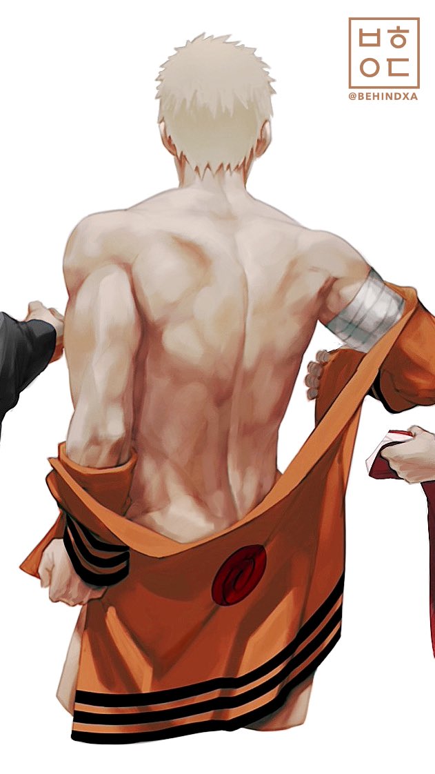 1girl 2boys back bandaged_arm bandaged_hand bandages behindxa black_hair blonde_hair cropped haruno_sakura male_focus multiple_boys muscle naruto naruto_(series) signature simple_background solo_focus twitter_username uchiha_sasuke undressing uzumaki_naruto white_background