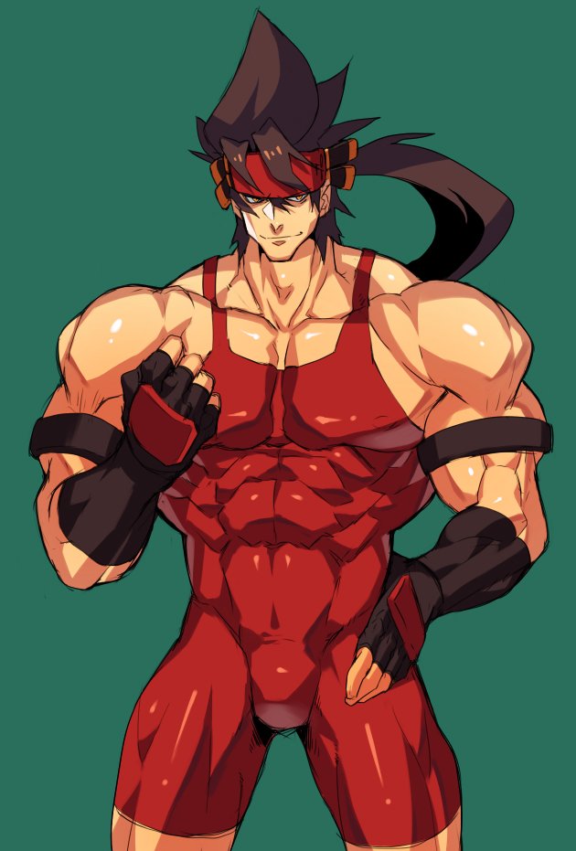 1boy armband bara bare_shoulders brown_hair bulge chest covered_abs covered_navel cropped_legs fingerless_gloves gloves guilty_gear hand_on_hip headgear long_hair male_focus muscle na_insoo ponytail shiny shiny_skin simple_background sol_badguy solo spiky_hair thighs tight wrestling_outfit yellow_eyes