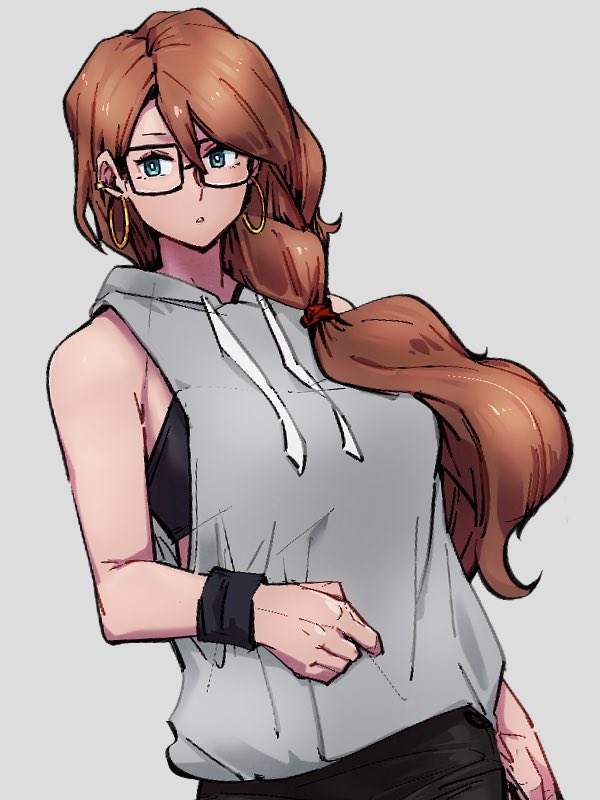 1girl alternate_hairstyle android_21 black-framed_eyewear black_sports_bra blue_eyes breasts brown_hair dragon_ball dragon_ball_fighterz drawstring ear_clip earrings facing_viewer glasses grey_background grey_hoodie hair_over_shoulder hood hood_down hoodie hoop_earrings jewelry kemachiku large_breasts long_hair sleeveless sleeveless_hoodie solo sports_bra sportswear wristband