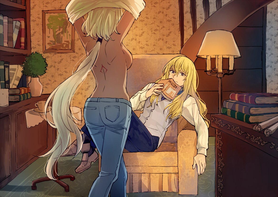 1boy 1girl alternate_costume backboob blonde_hair blue_neckwear blue_pants body_markings book bookshelf breasts caenis_(fate) couch dark_skin denim fate/grand_order fate_(series) from_behind grey_vest holding holding_book jeans kirschtaria_wodime lamp large_breasts living_room long_hair low_ponytail no_bra on_couch pants ponytail reclining shirt shirt_removed sideboob stairs tattoo tsengyun undressing vest wallpaper_(object) white_hair white_shirt