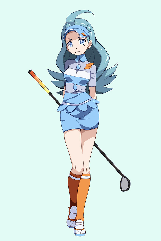 1girl ahoge arms_behind_back blue_eyes blue_hair blue_skirt breasts closed_mouth collared_shirt commentary frown full_body golf_club head_tilt holding_golf_club kahili_(pokemon) light_blue_background looking_at_viewer mole mole_under_eye orange_legwear pokemon pokemon_(game) pokemon_sm shirt short_sleeves simple_background skirt small_breasts socks solo standing striped striped_shirt tsukishiro_saika visor_cap