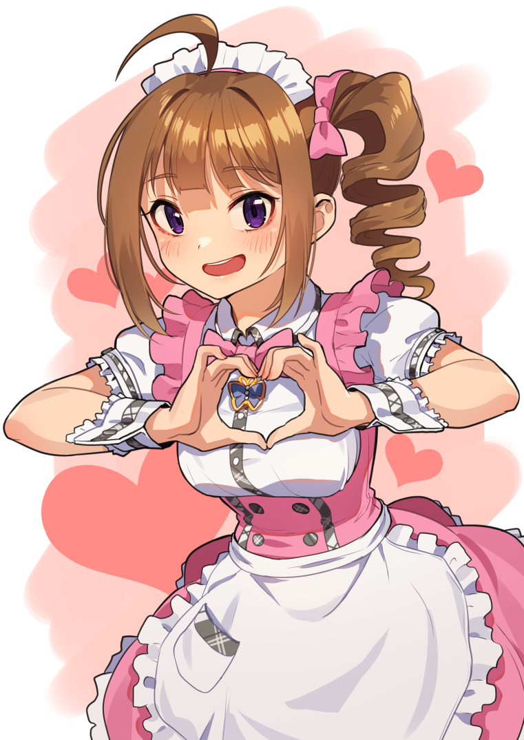 1girl :d ahoge apron bangs blunt_bangs blush bow bowtie breasts brown_hair buttons collared_dress commentary cowboy_shot dress drill_hair eyebrows_visible_through_hair frilled_apron frilled_dress frilled_sleeves frills hair_bow hands_up heart heart_background heart_hands idolmaster idolmaster_million_live! idolmaster_million_live!_theater_days kamille_(vcx68) looking_at_viewer maid_headdress medium_breasts medium_hair open_mouth pink_bow pink_dress pink_neckwear pocket puffy_short_sleeves puffy_sleeves red_background shiny shiny_hair short_sleeves side_ponytail sidelocks smile solo standing two-tone_background two-tone_dress upper_teeth violet_eyes waist_apron waitress white_apron white_background white_dress wrist_cuffs yokoyama_nao