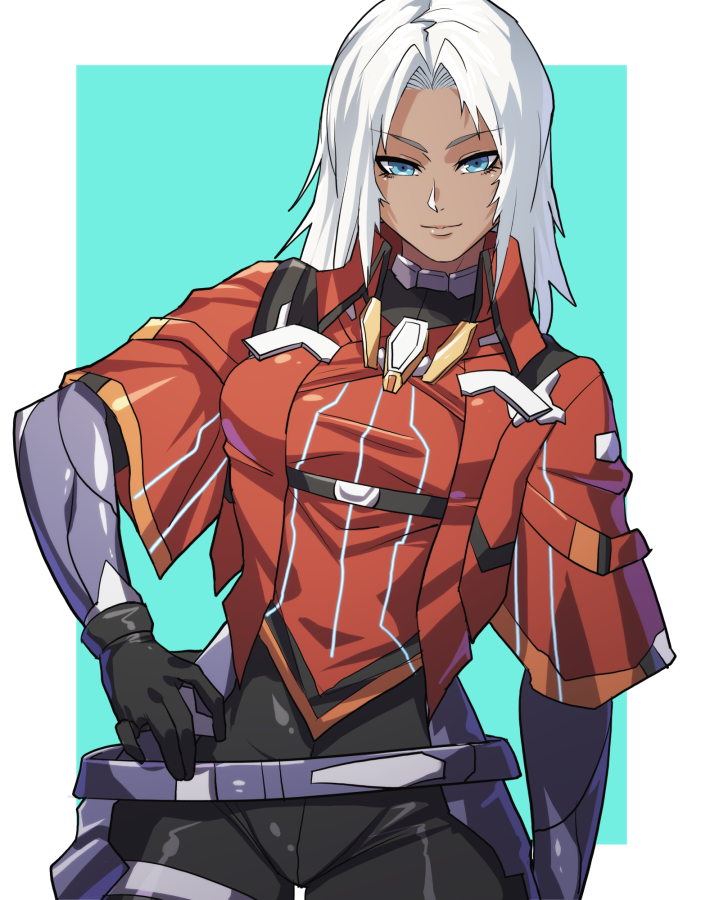 1girl aqua_background black_gloves breasts cowboy_shot dark_skin elma_(xenoblade_x) gloves hand_on_hip houjoh_(7th-heaven) small_breasts solo white_background white_hair xenoblade_chronicles_(series) xenoblade_chronicles_x