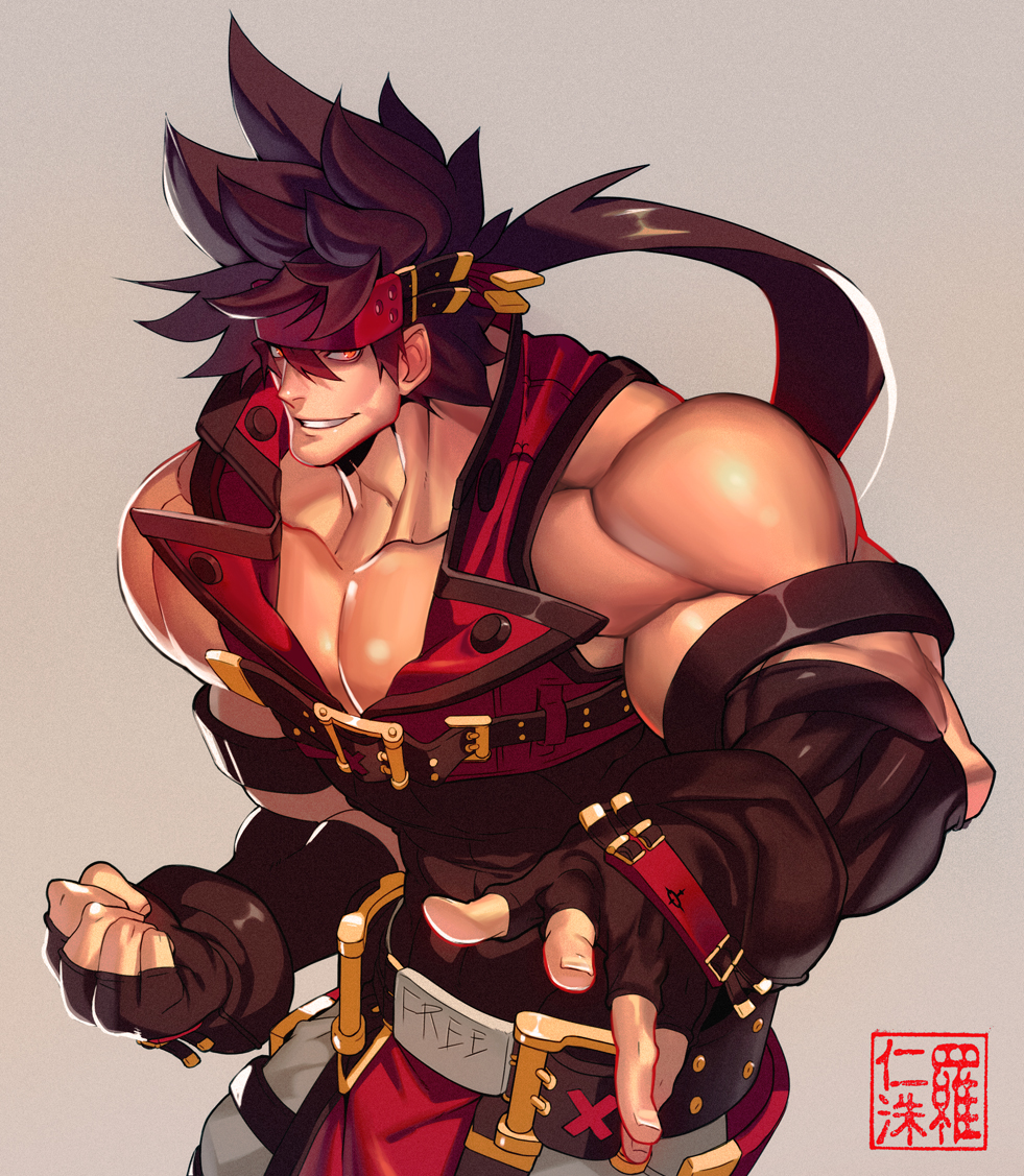 1boy bara bare_shoulders belt_buckle brown_hair buckle chest clenched_hand covered_abs fingerless_gloves gloves glowing glowing_eyes guilty_gear harness headgear long_hair male_focus muscle na_insoo open_clothes pelvic_curtain ponytail shiny shiny_skin simple_background sleeveless sol_badguy solo spiky_hair tight yellow_eyes