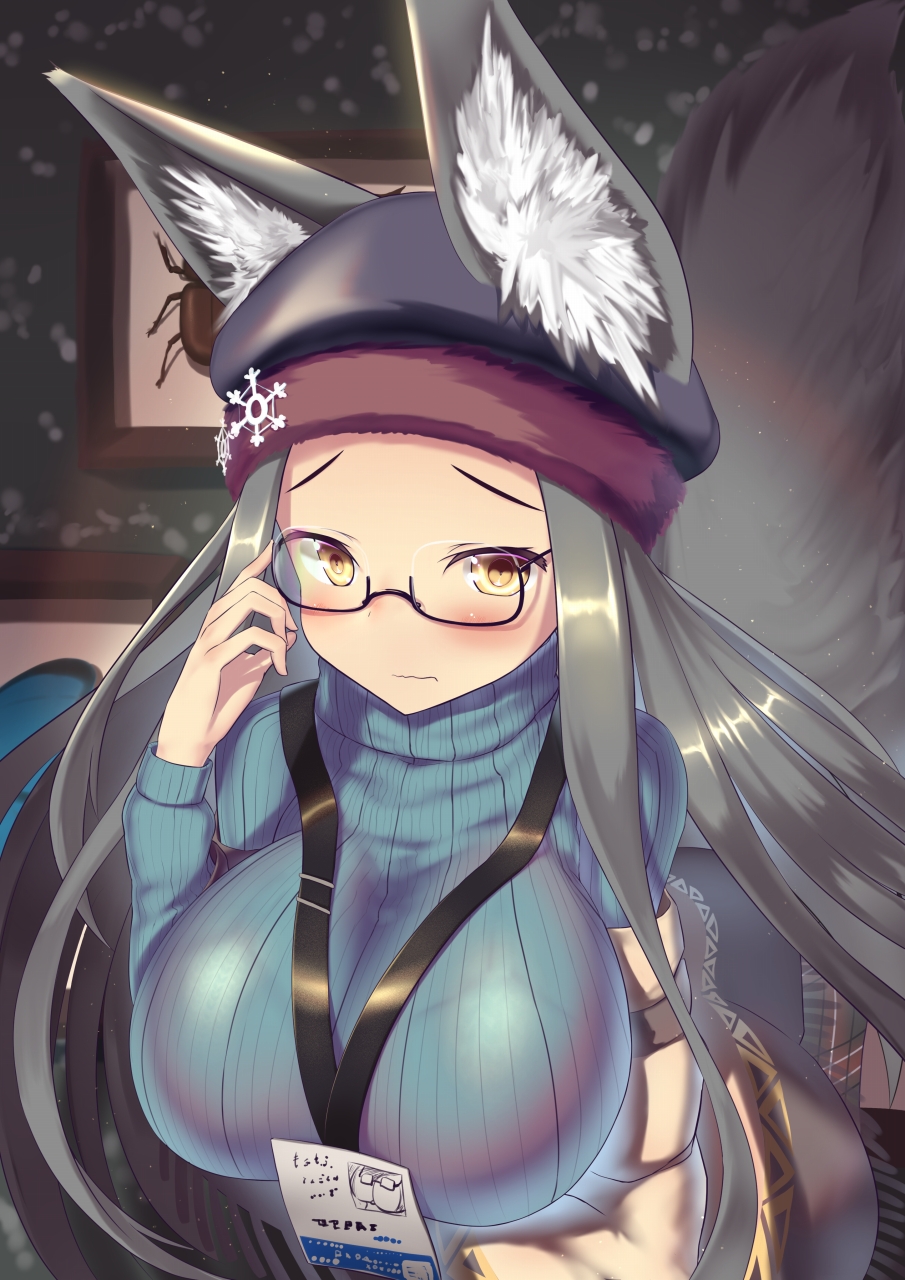 1girl animal_ears aqua_sweater azur_lane blush breasts fox_ears framed_insect grey_hair hair_ornament hand_on_eyewear highres id_card large_breasts long_hair off_shoulder ribbed_sweater semi-rimless_eyewear shangri-la_(azur_lane) shangri-la_(the_collector's_paradise)_(azur_lane) shinoshinosp shiny shiny_clothes silver-framed_eyewear snowflake_hair_ornament solo sweater tail turtleneck turtleneck_sweater yellow_eyes