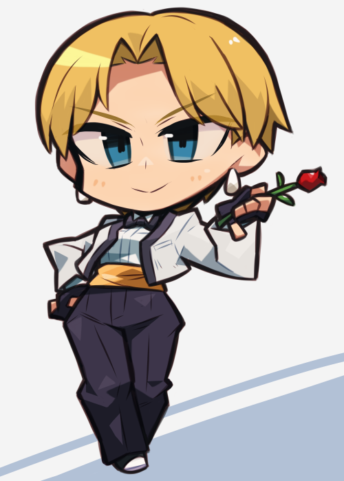 1girl blonde_hair blue_eyes chibi cropped_jacket earrings fingerless_gloves flower full_body gloves grey_background hand_on_hip holding holding_flower ibara. jewelry king_(snk) looking_at_viewer ryuuko_no_ken short_hair smile solo standing very_short_hair