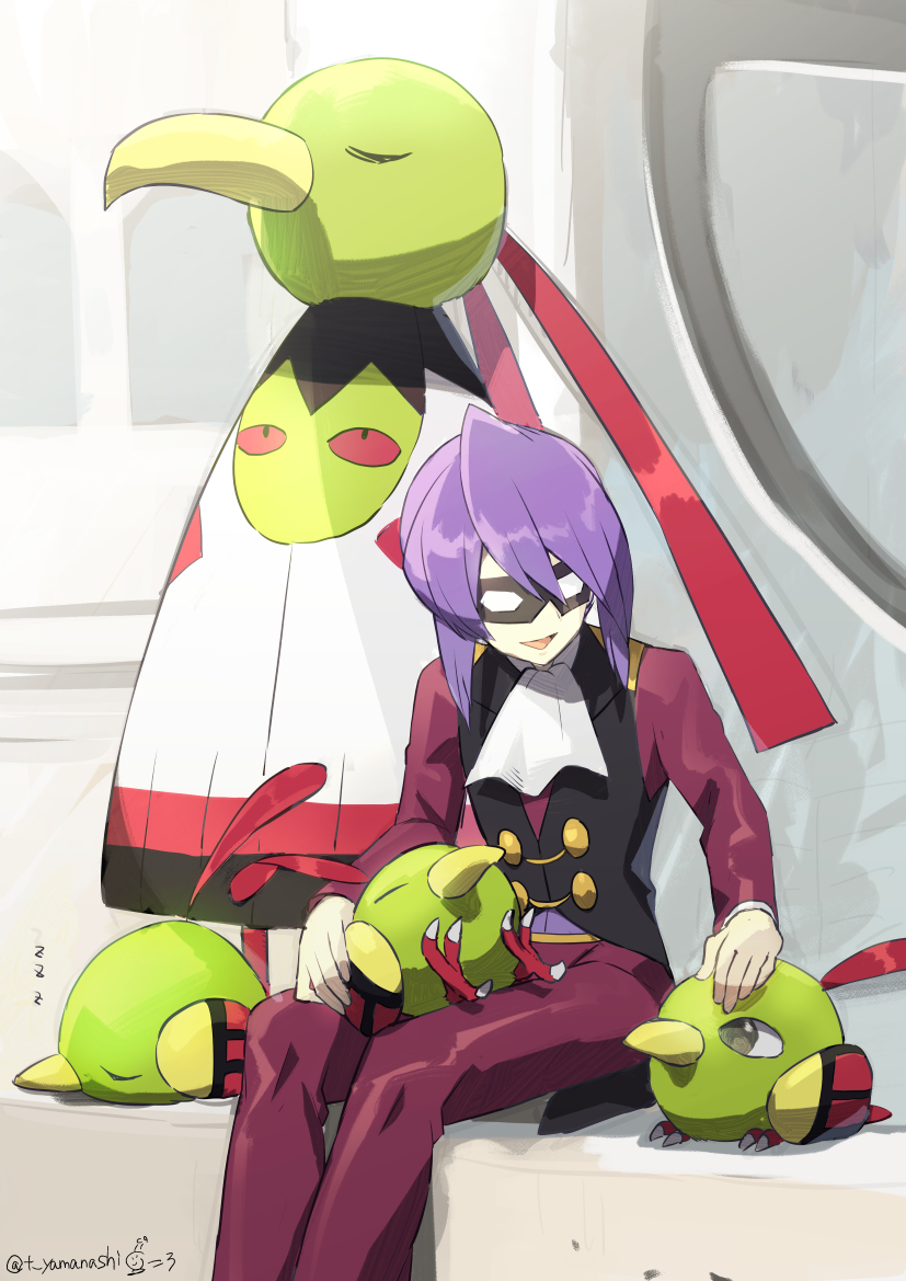 1boy artist_name black_vest eye_mask gen_2_pokemon long_sleeves looking_at_another natu open_mouth pants petting pokemon pokemon_(creature) pokemon_(game) pokemon_hgss purple_hair red_pants sitting tongue vest watermark white_neckwear will_(pokemon) xatu yamanashi_taiki