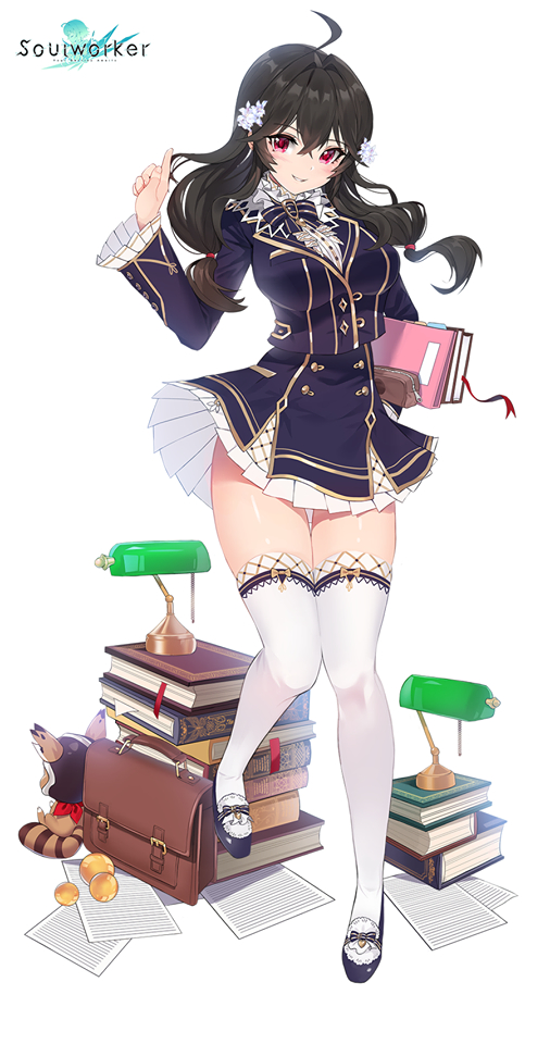 1girl alternate_costume black_hair book boots breasts damda iris_yuma large_breasts long_hair looking_at_viewer official_art red_eyes school_uniform skirt smile solo soul_worker thigh-highs title translation_request white_background white_legwear white_skirt zettai_ryouiki